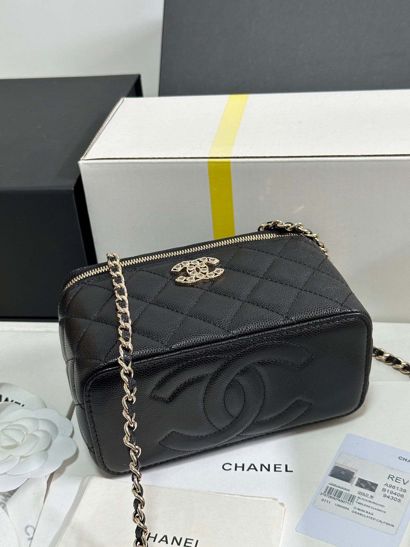 CHANEL 25C Vanity Case 17cm Black Caviar Leather Heart Rhinestone Light Gold Hardware 243427