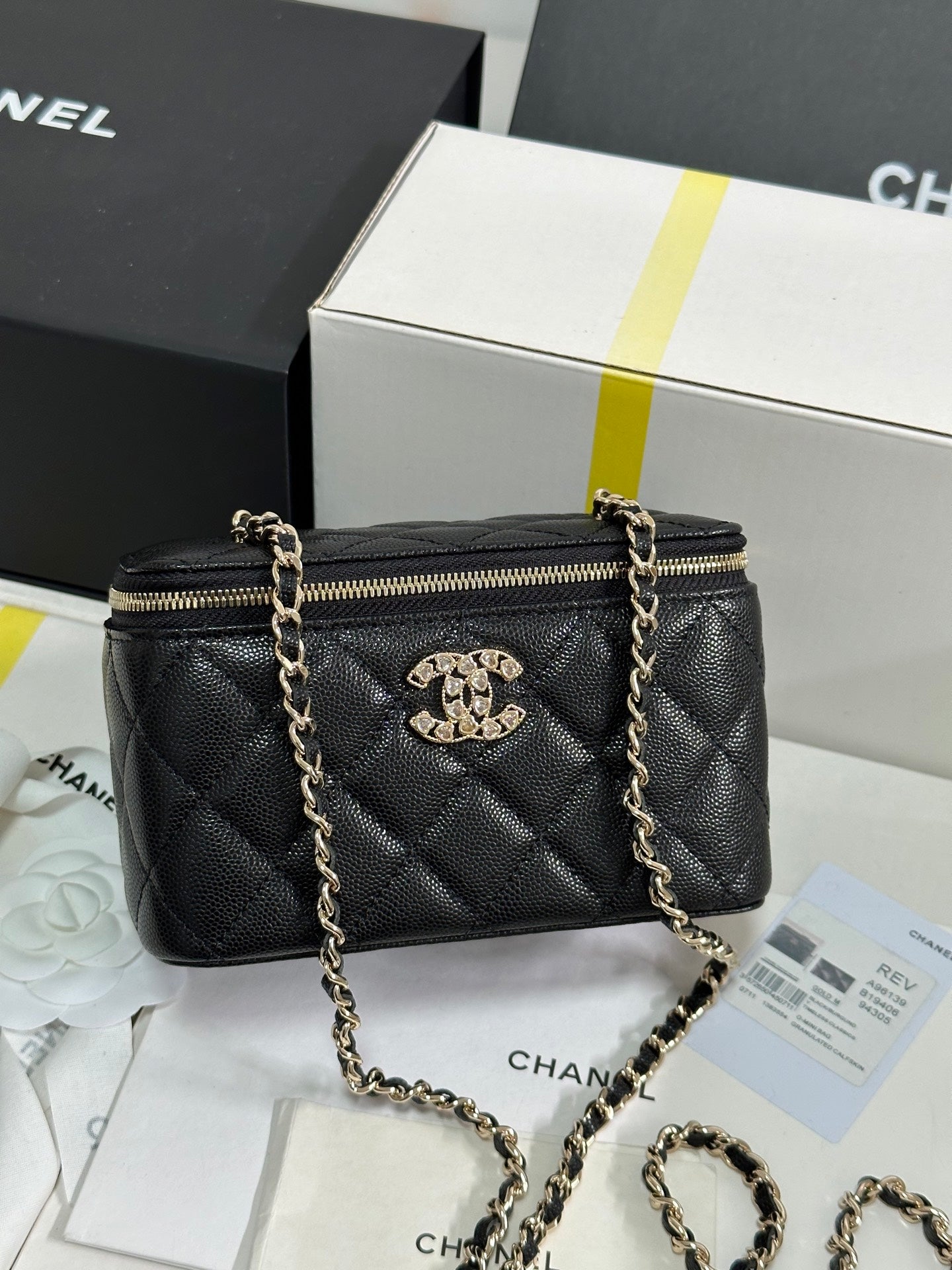 CHANEL 25C Vanity Case 17cm Black Caviar Leather Heart Rhinestone Light Gold Hardware 243427