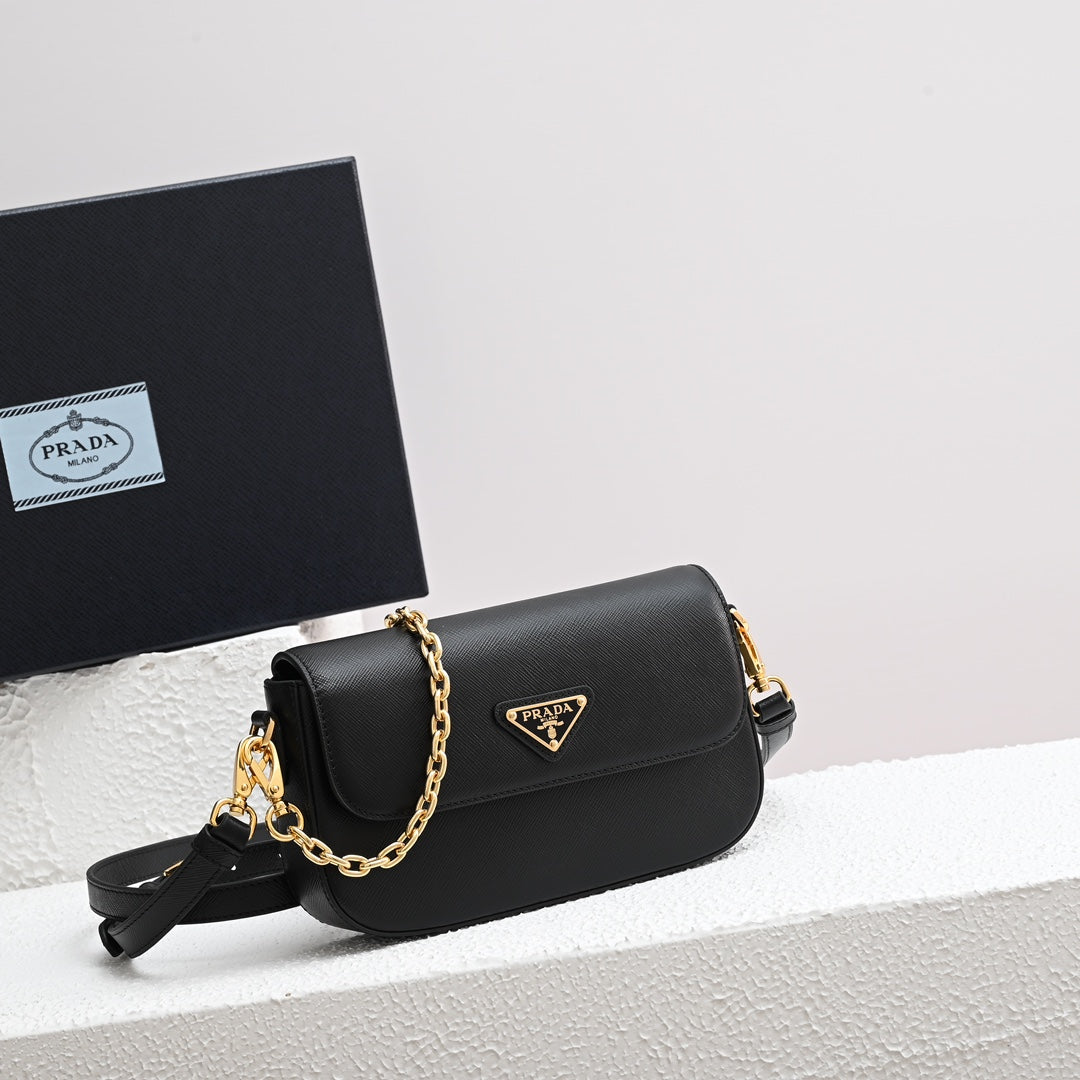 PRADA MINI FLAP BAG 20 IN BLACK SAFFIANO LEATHER GOLD HARDWARE