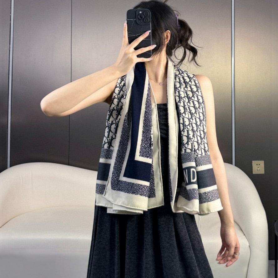 DIOR MONOGRAM SQUARE SCARF 140 CM IN BLACK MIX WHITE CASHMERE AND SILK 413742