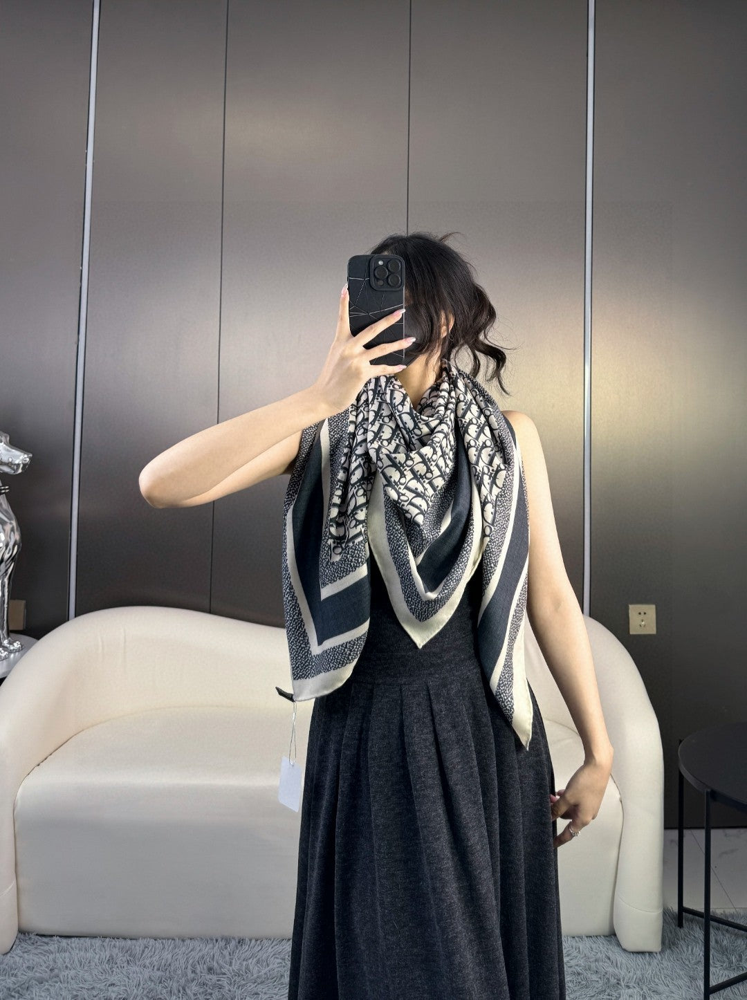 DIOR MONOGRAM SQUARE SCARF 140 CM IN BLACK MIX WHITE CASHMERE AND SILK 413742