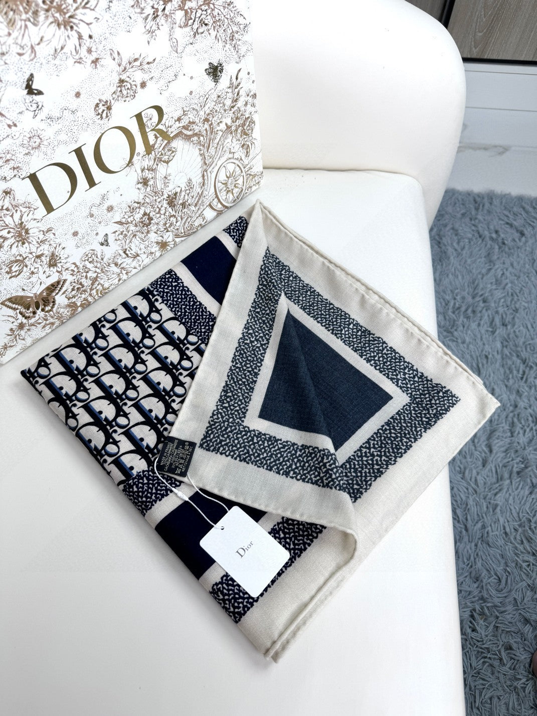 DIOR MONOGRAM SQUARE SCARF 140 CM IN BLACK MIX WHITE CASHMERE AND SILK 413742