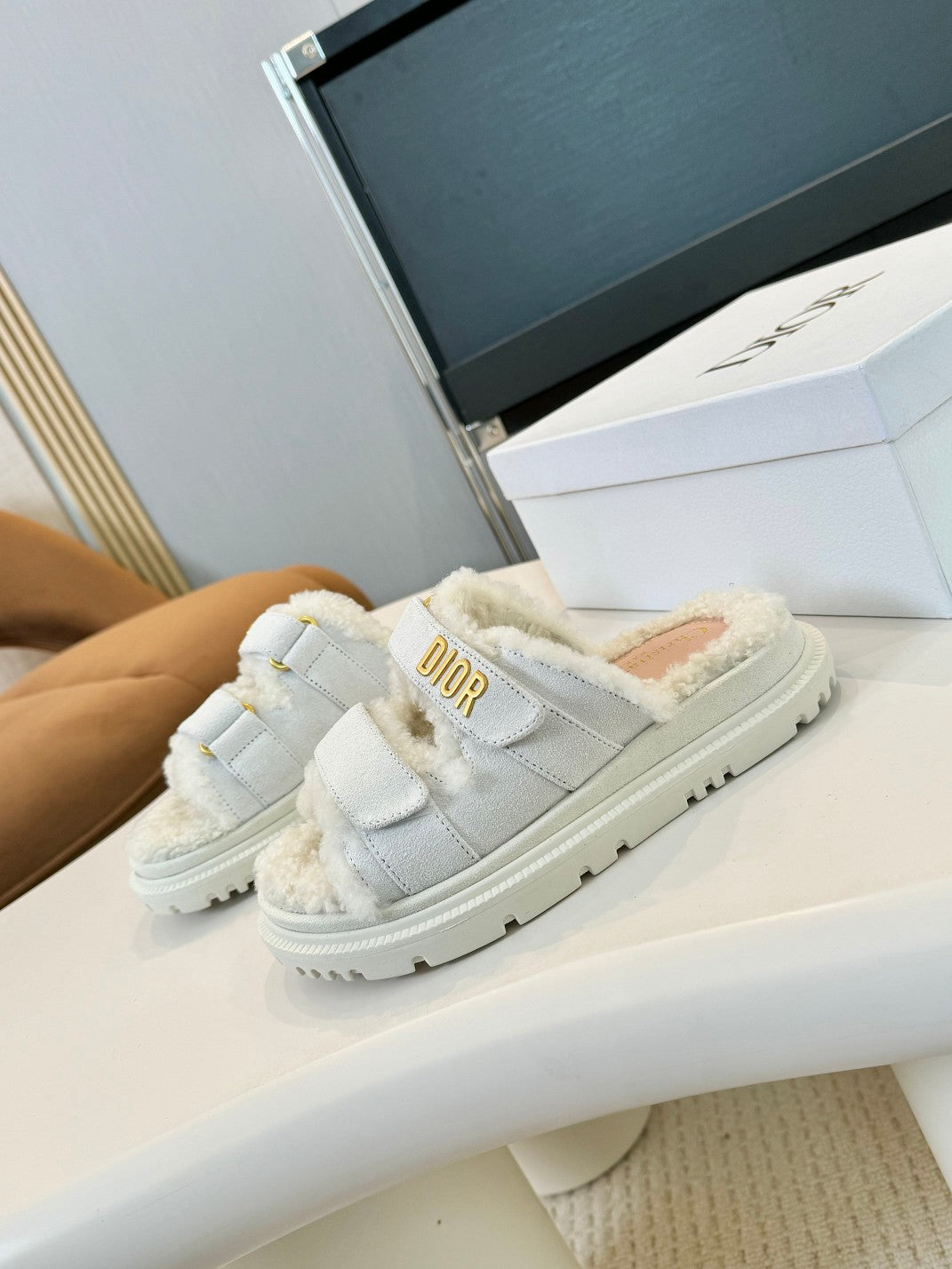 DIOR DIORact Slide White Suede And Fleece Lining
