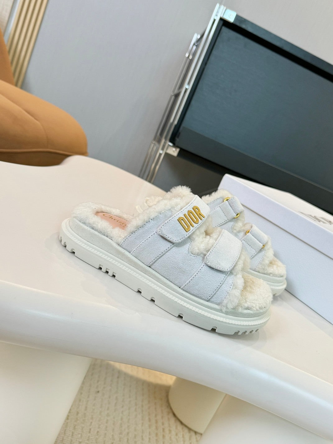DIOR DIORact Slide White Suede And Fleece Lining