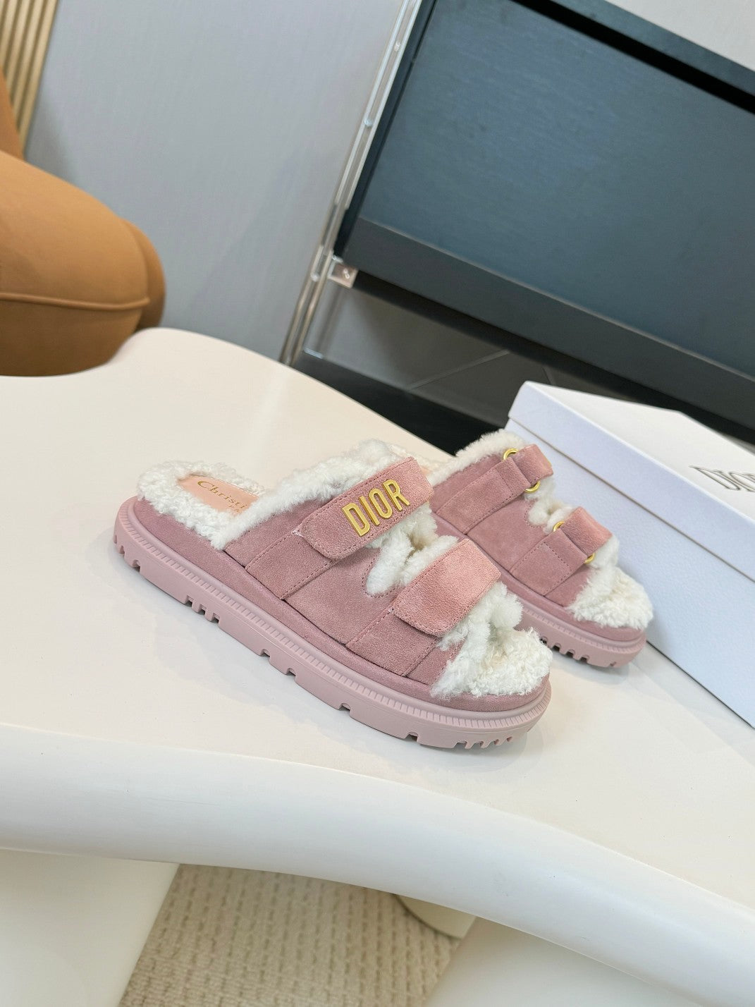DIOR DIORact Slide Pink Suede And Fleece Lining
