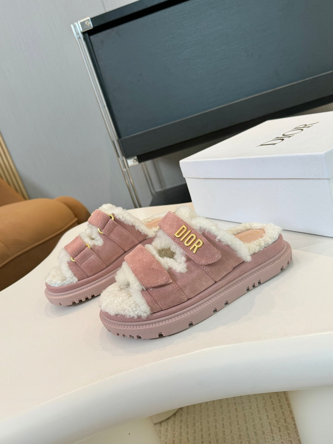 DIOR DIORact Slide Pink Suede And Fleece Lining