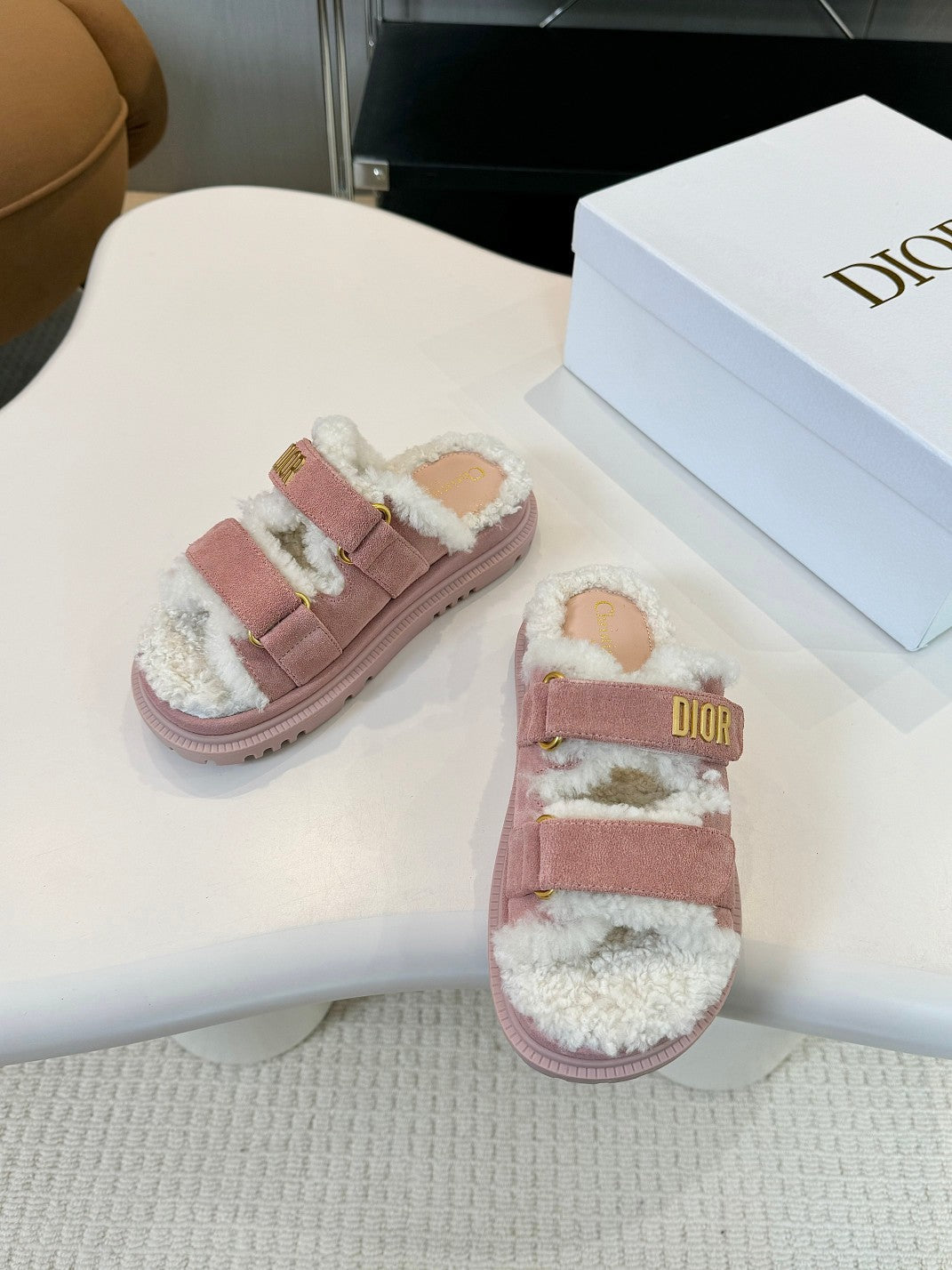 DIOR DIORact Slide Pink Suede And Fleece Lining