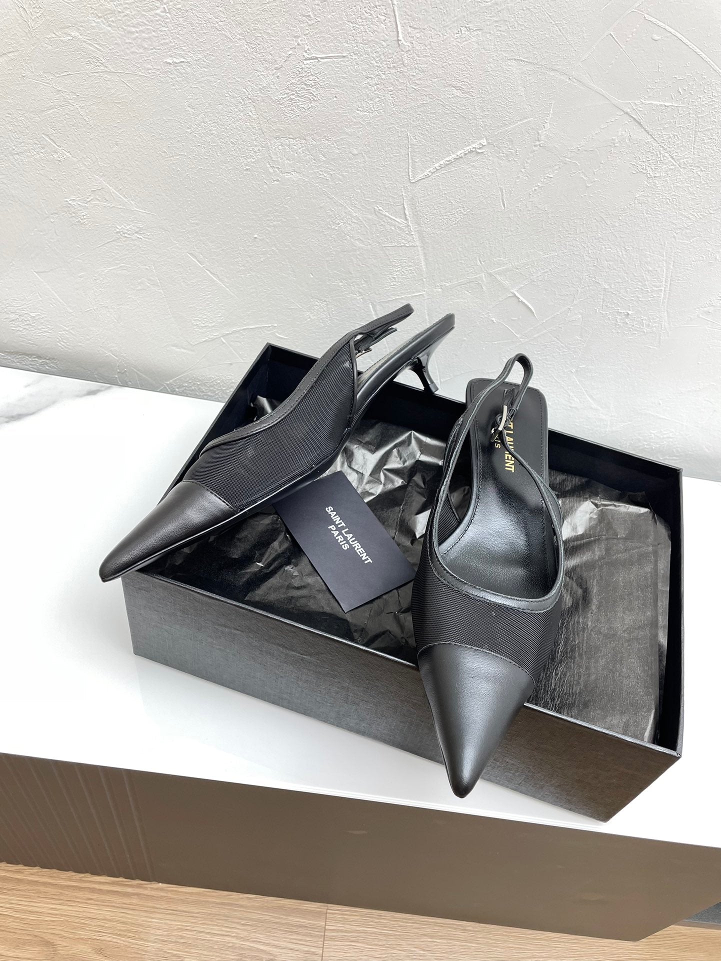 Saint Laurent OXALIS SLINGBACK PUMPS 30 IN MESH BLACK LEATHER