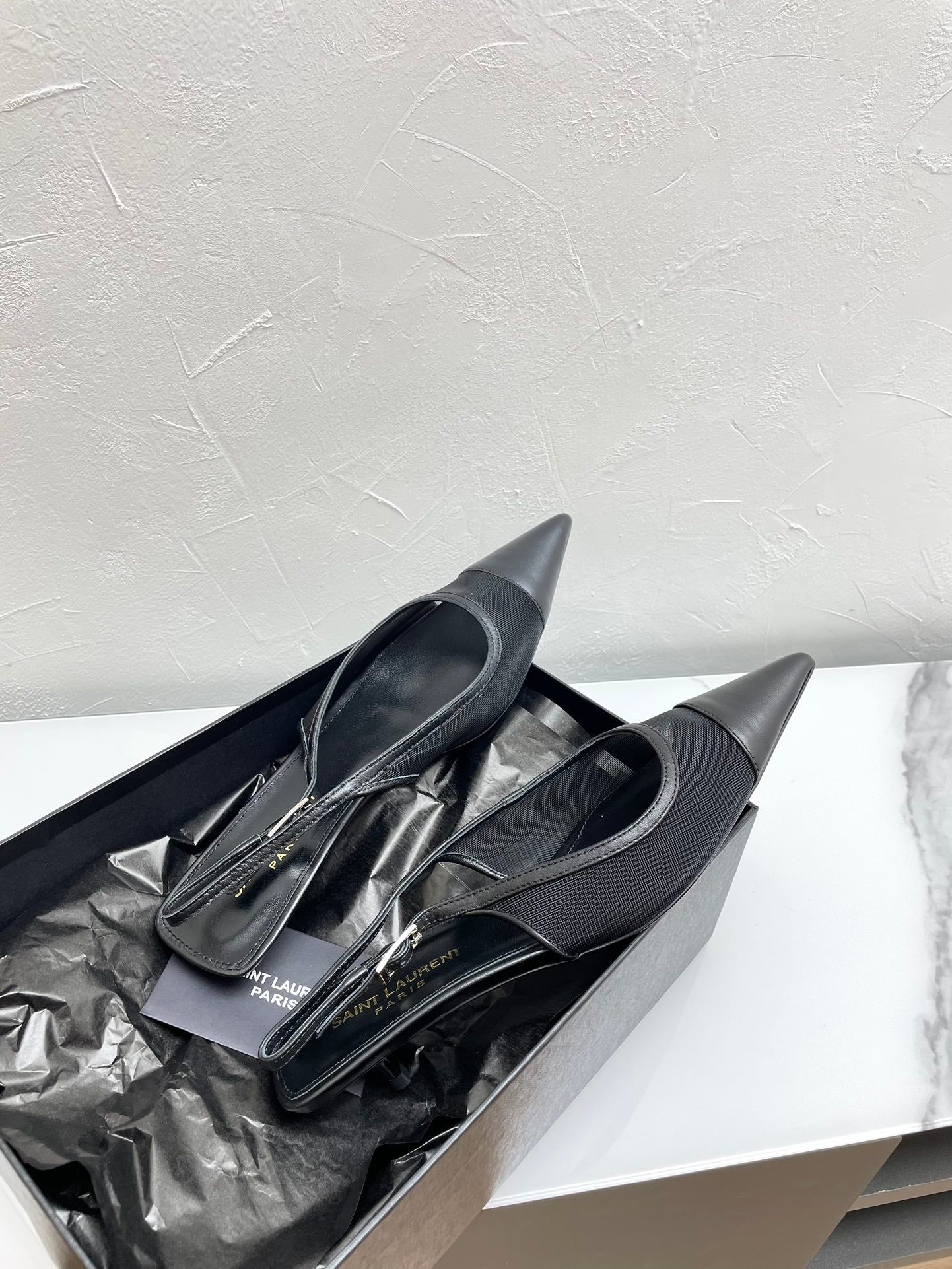 Saint Laurent OXALIS SLINGBACK PUMPS 30 IN MESH BLACK LEATHER
