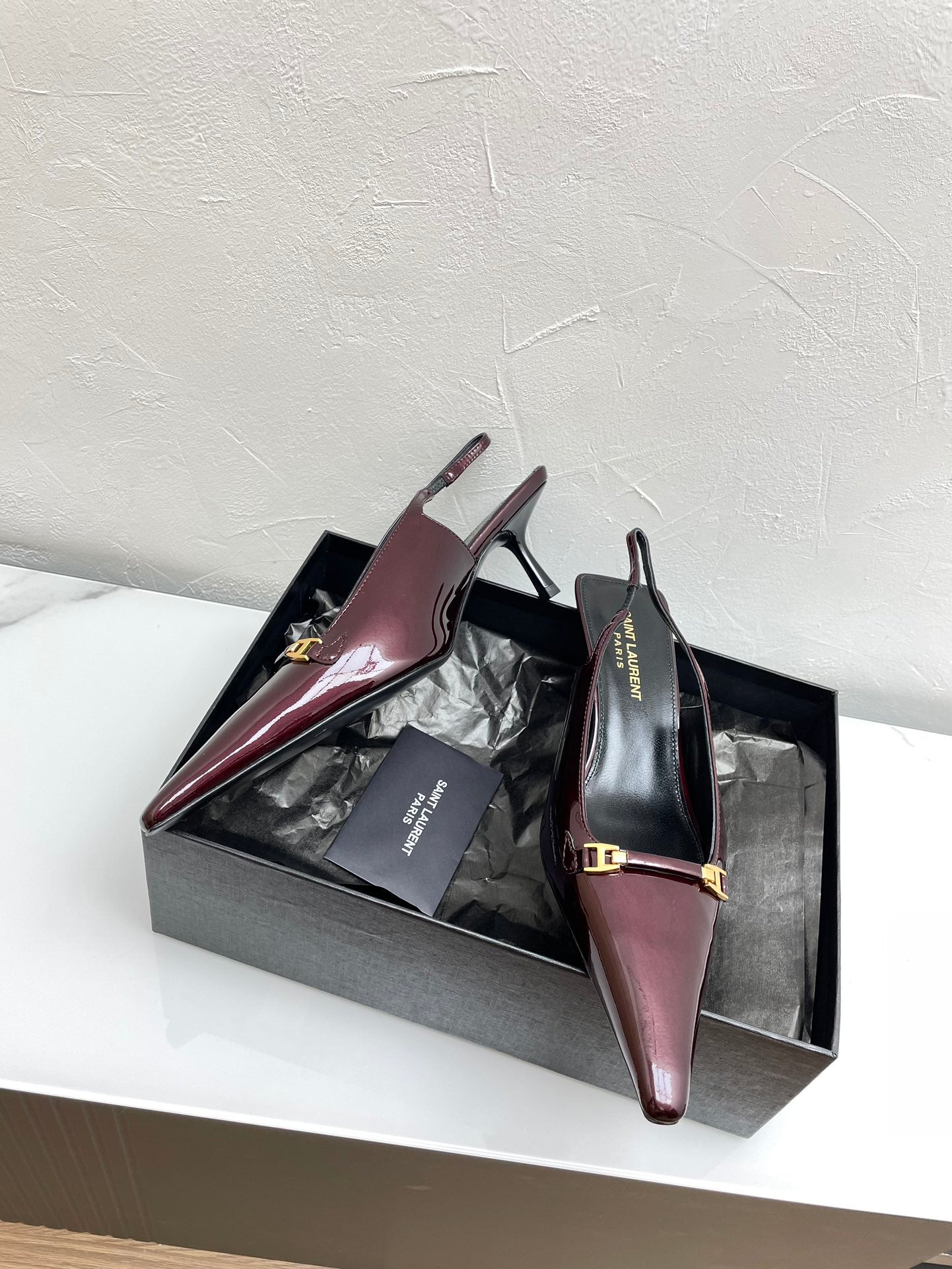 Saint Laurent CARINE SLINGBACK PUMPS 45 IN PATENT MAROON LEATHER