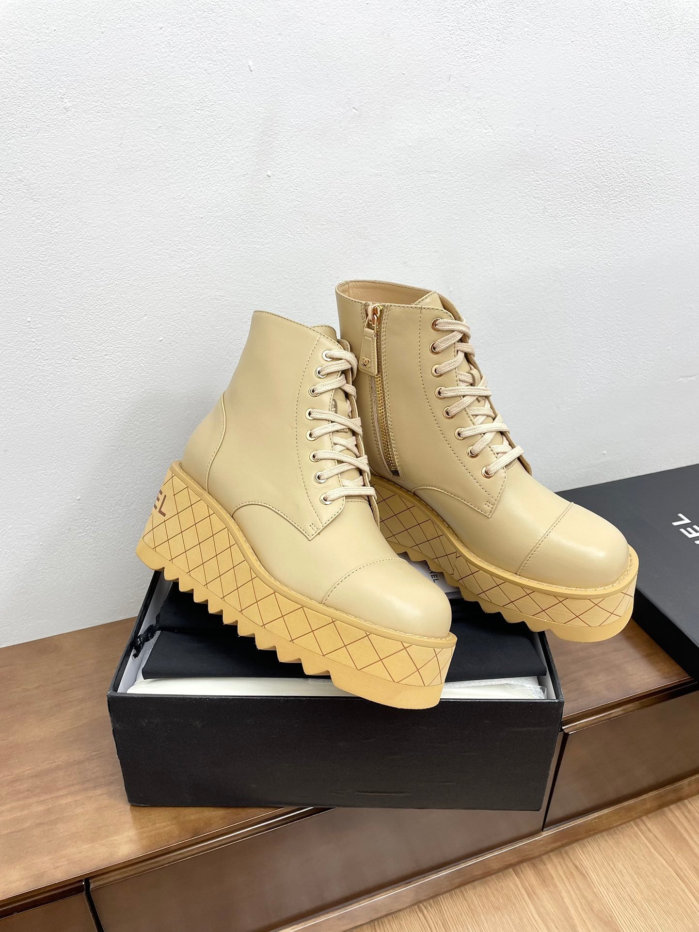 CHANEL Ankle Boots 100mm Beige Lambskin