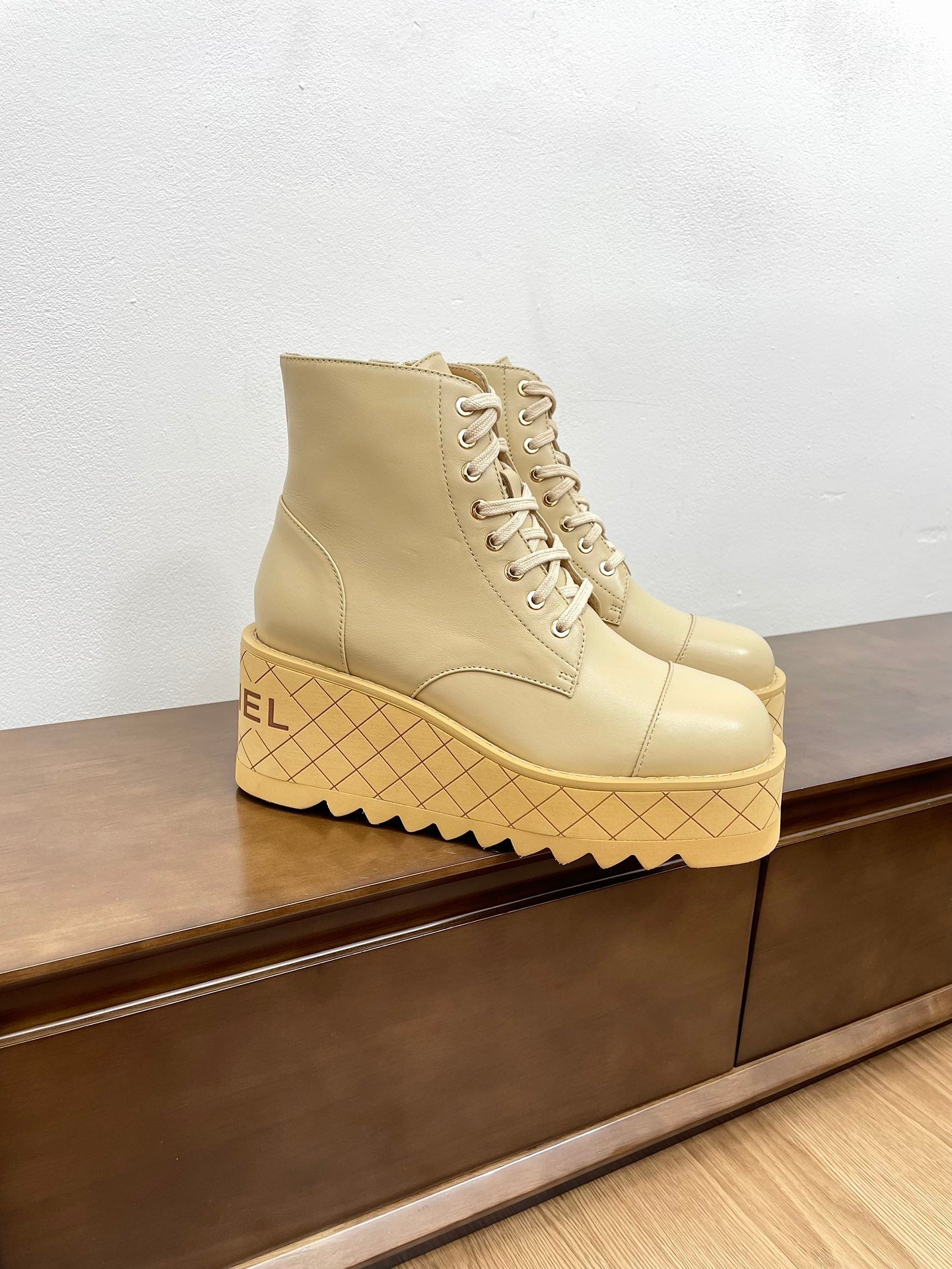 CHANEL Ankle Boots 100mm Beige Lambskin