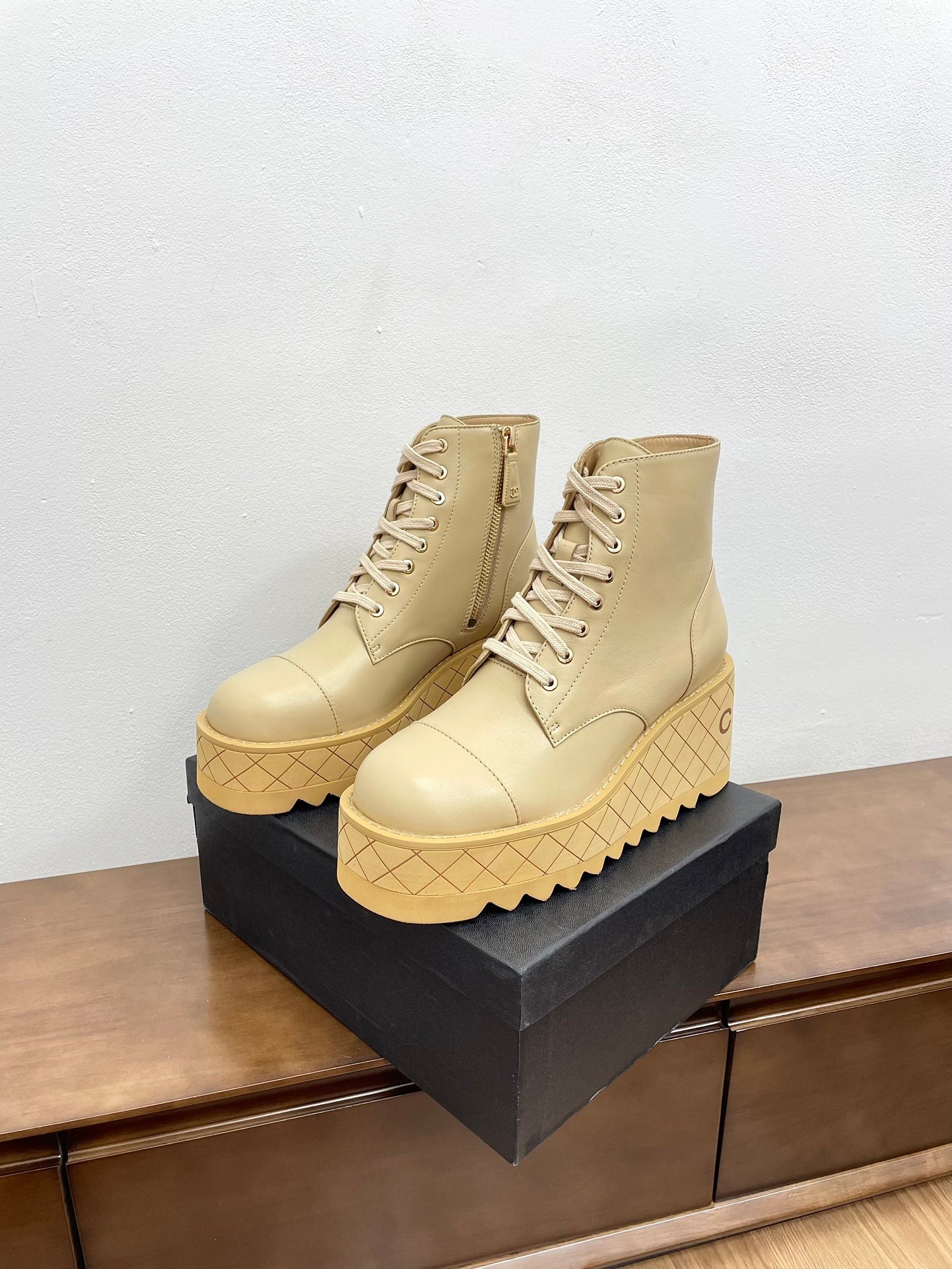 CHANEL Ankle Boots 100mm Beige Lambskin