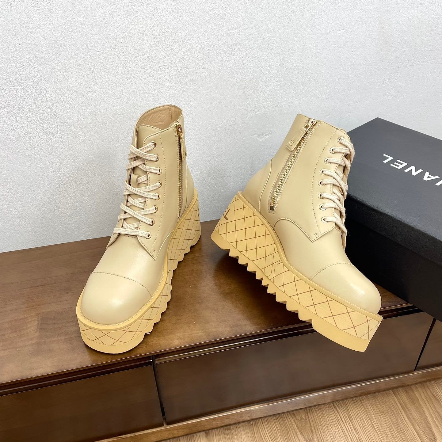CHANEL Ankle Boots 100mm Beige Lambskin