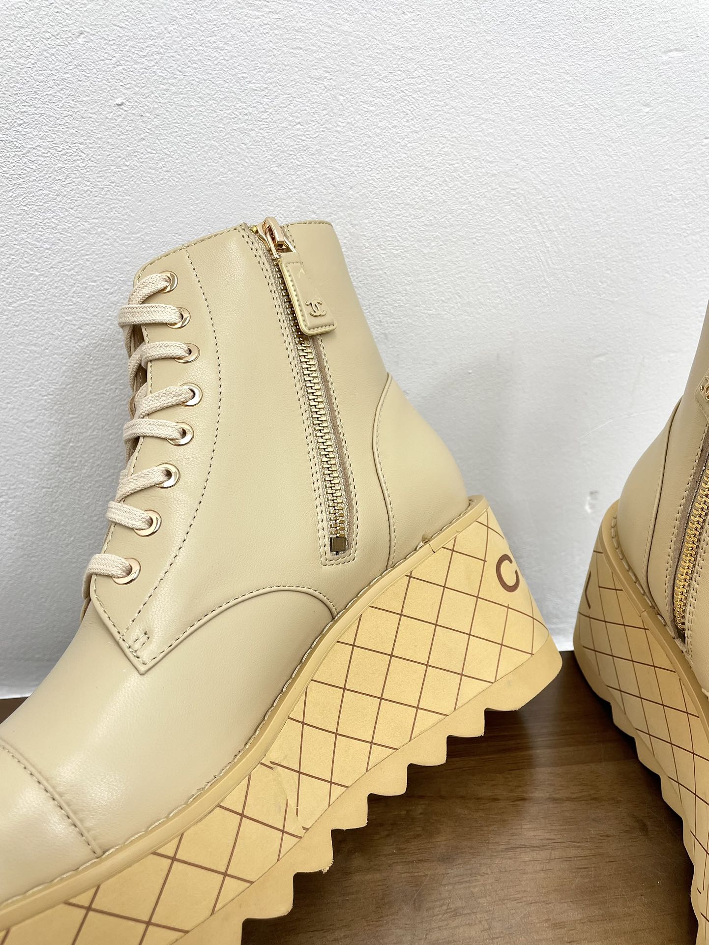 CHANEL Ankle Boots 100mm Beige Lambskin