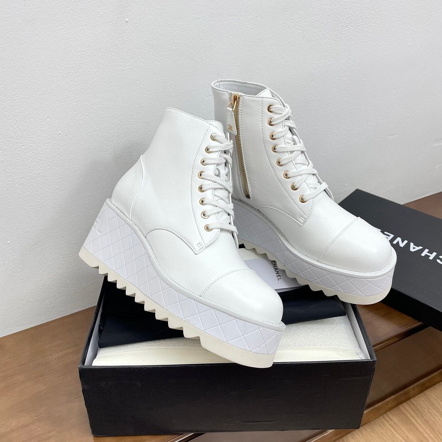 CHANEL Ankle Boots 100mm White Lambskin