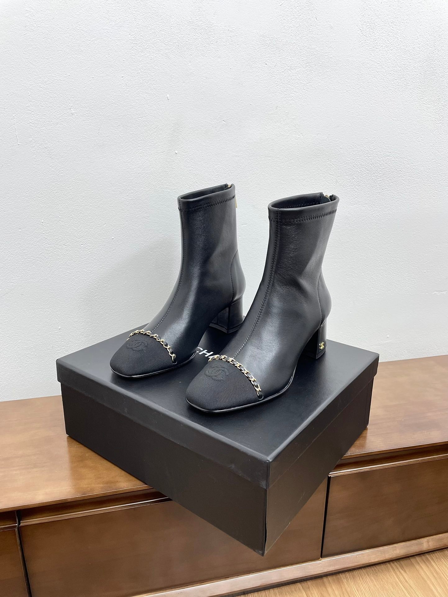 CHANEL Ankle Boots 50mm Black Chain Lambskin