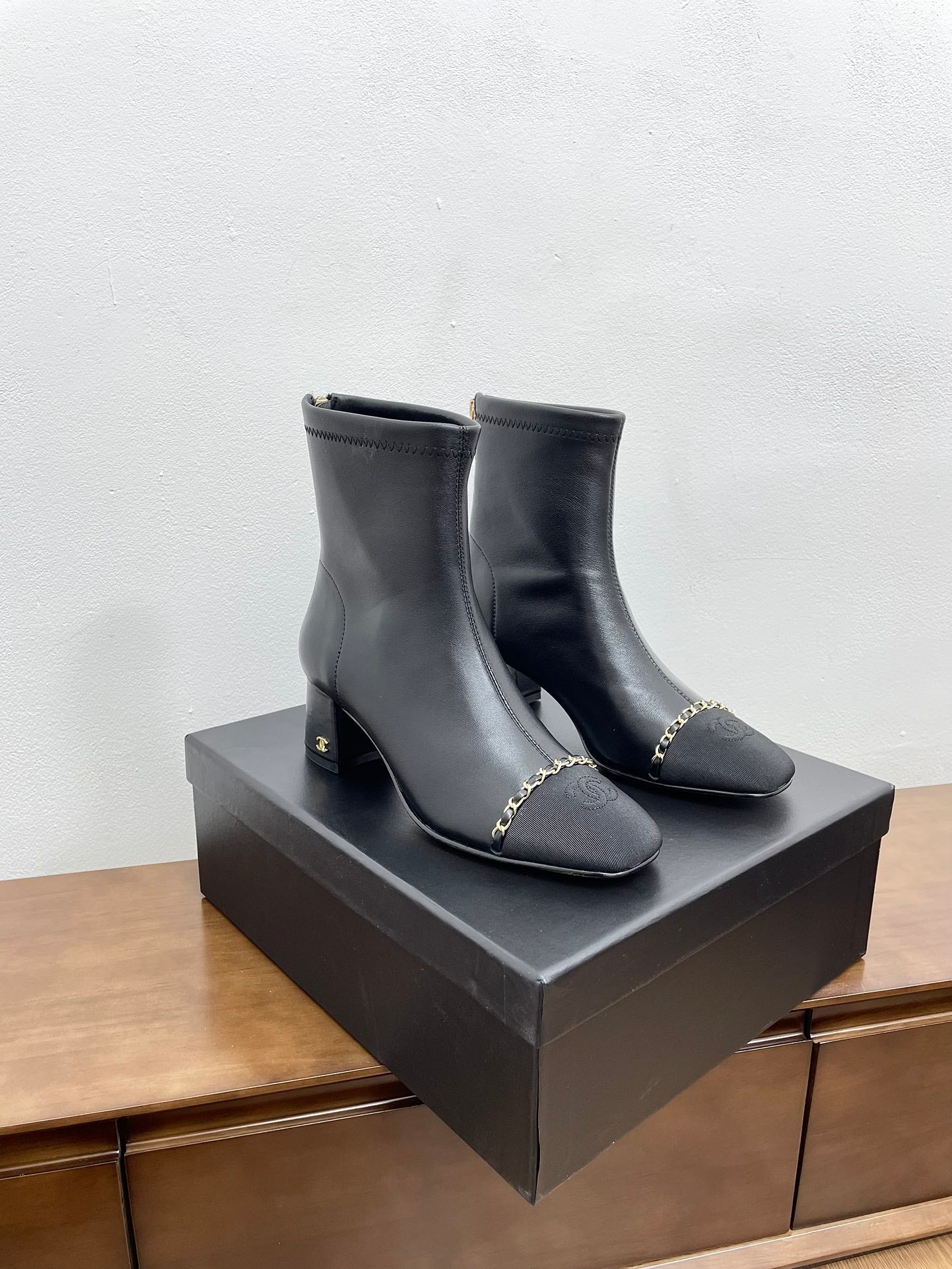 CHANEL Ankle Boots 50mm Black Chain Lambskin