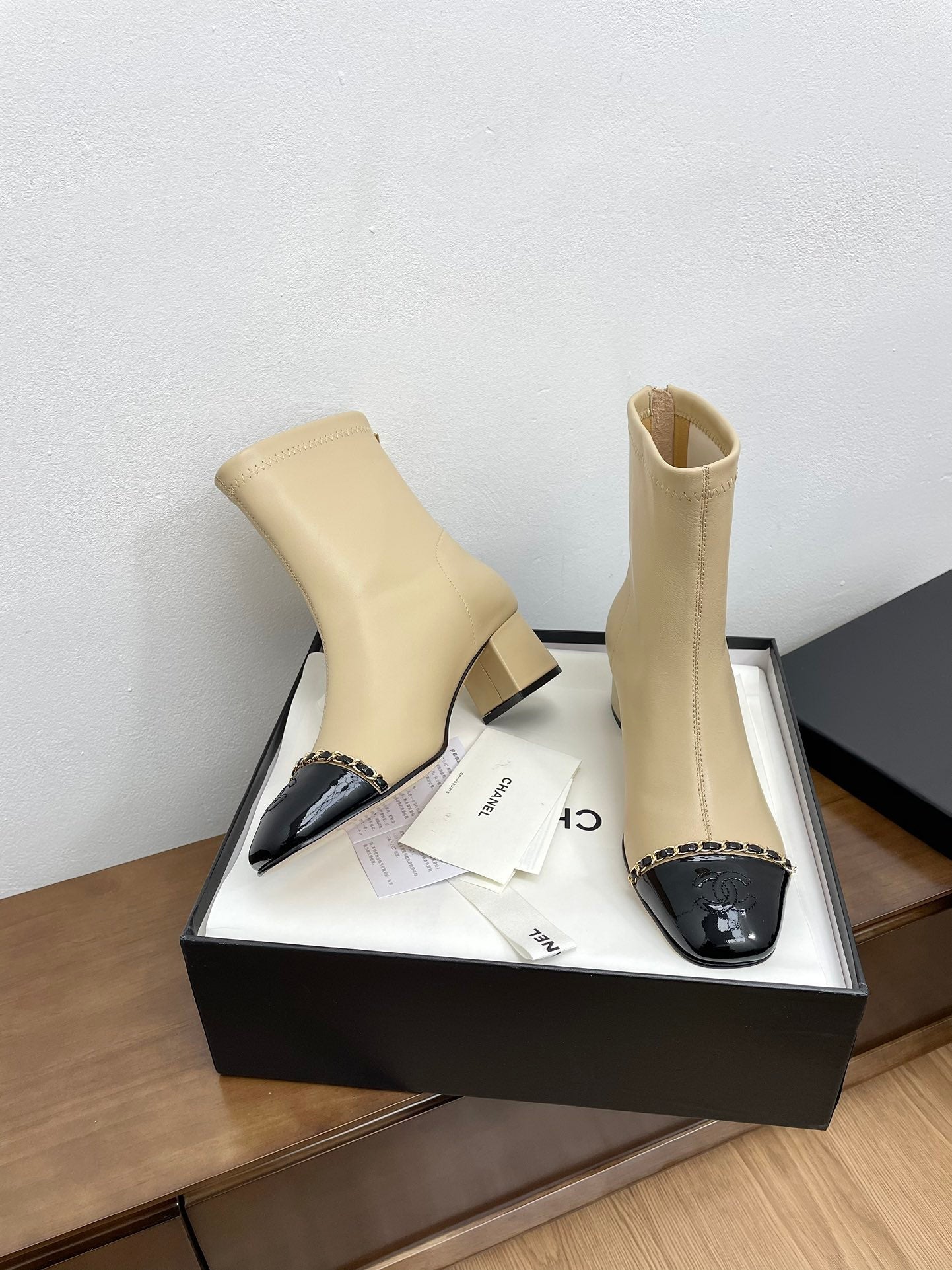 CHANEL Ankle Boots 50mm Beige Chain Lambskin