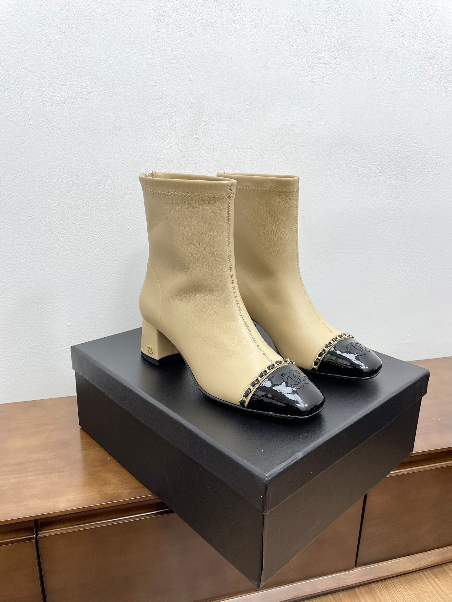 CHANEL Ankle Boots 50mm Beige Chain Lambskin