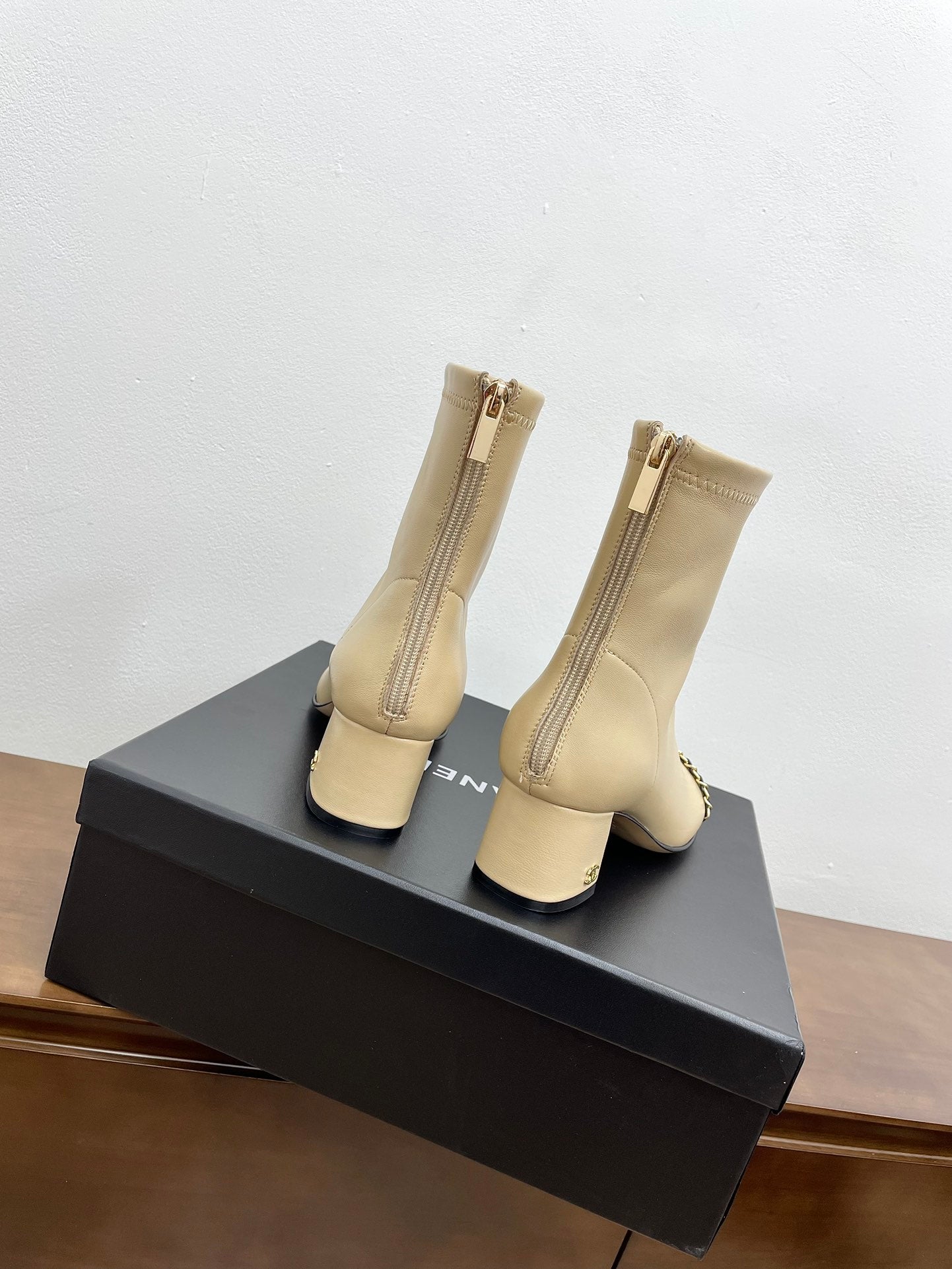 CHANEL Ankle Boots 50mm Beige Chain Lambskin