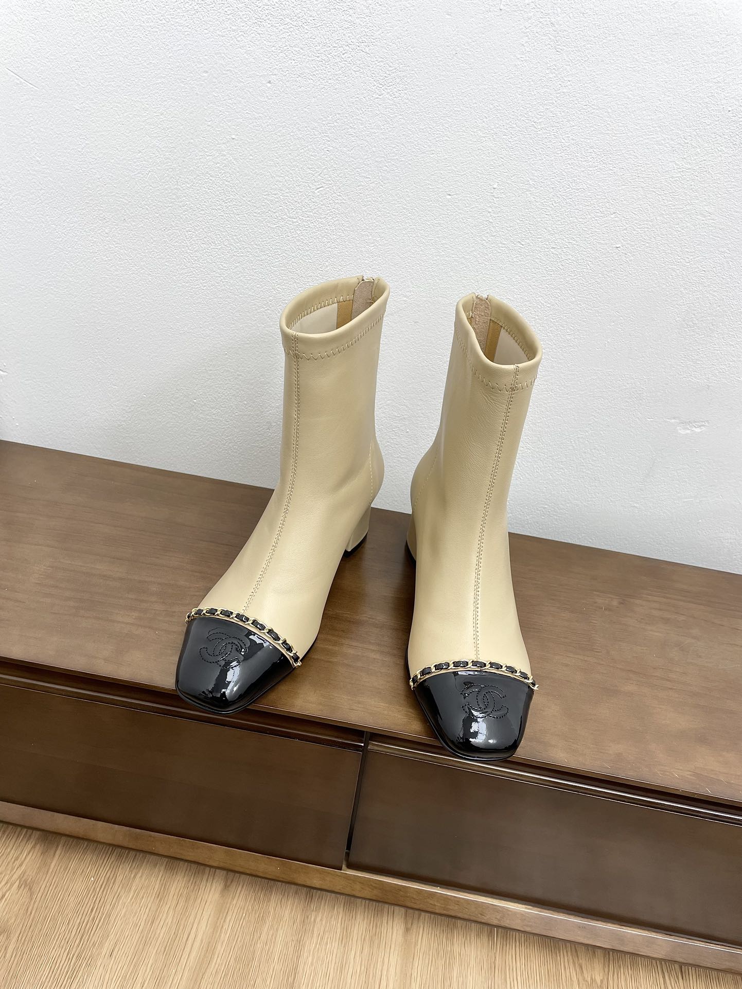 CHANEL Ankle Boots 50mm Beige Chain Lambskin