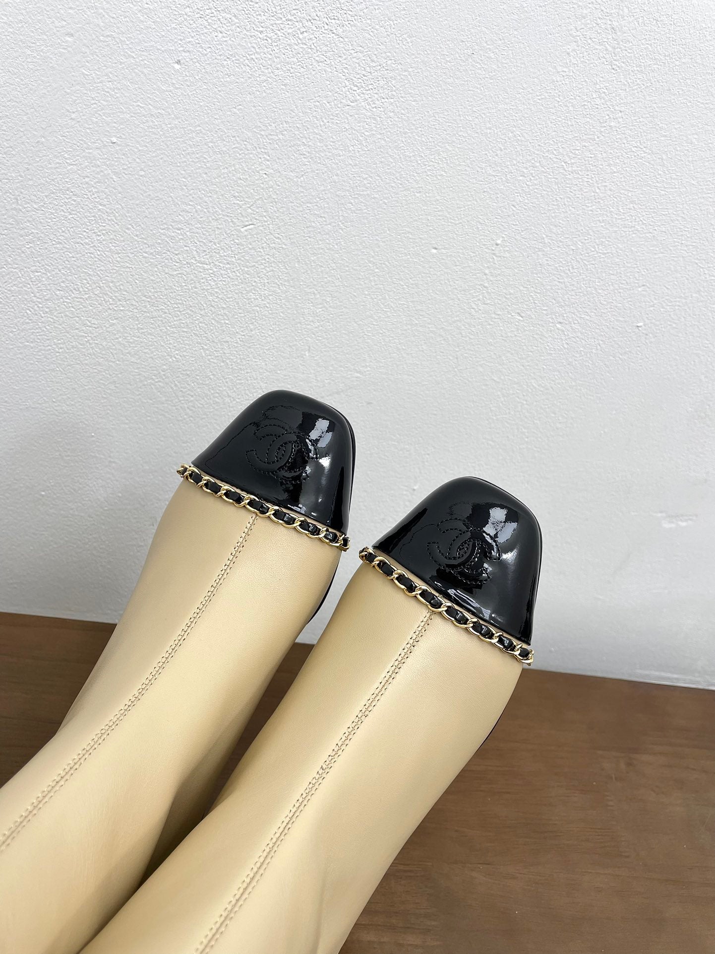 CHANEL Ankle Boots 50mm Beige Chain Lambskin