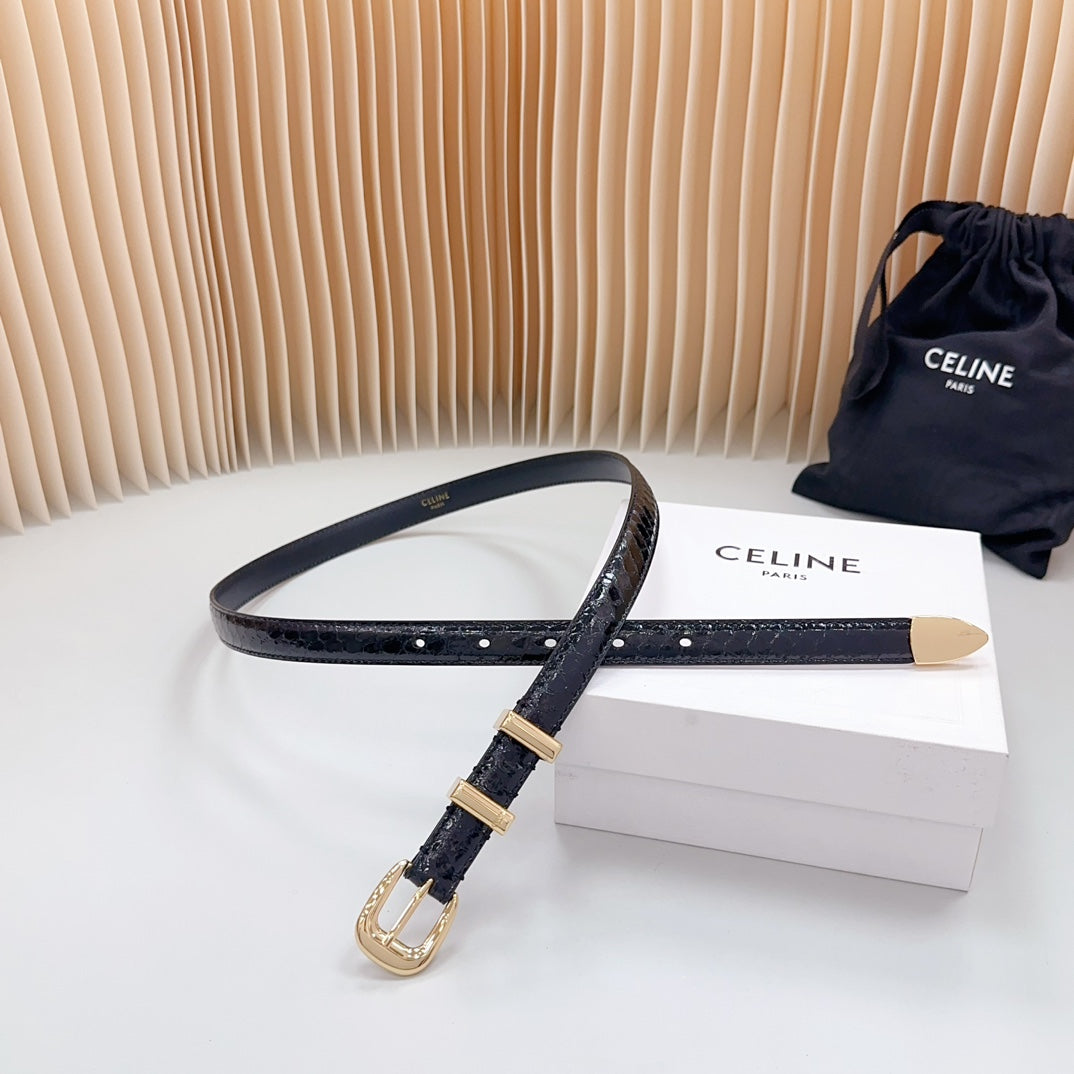 Celine Small Western Belt 18mm Black Patent Embossed Calfskin Ghw