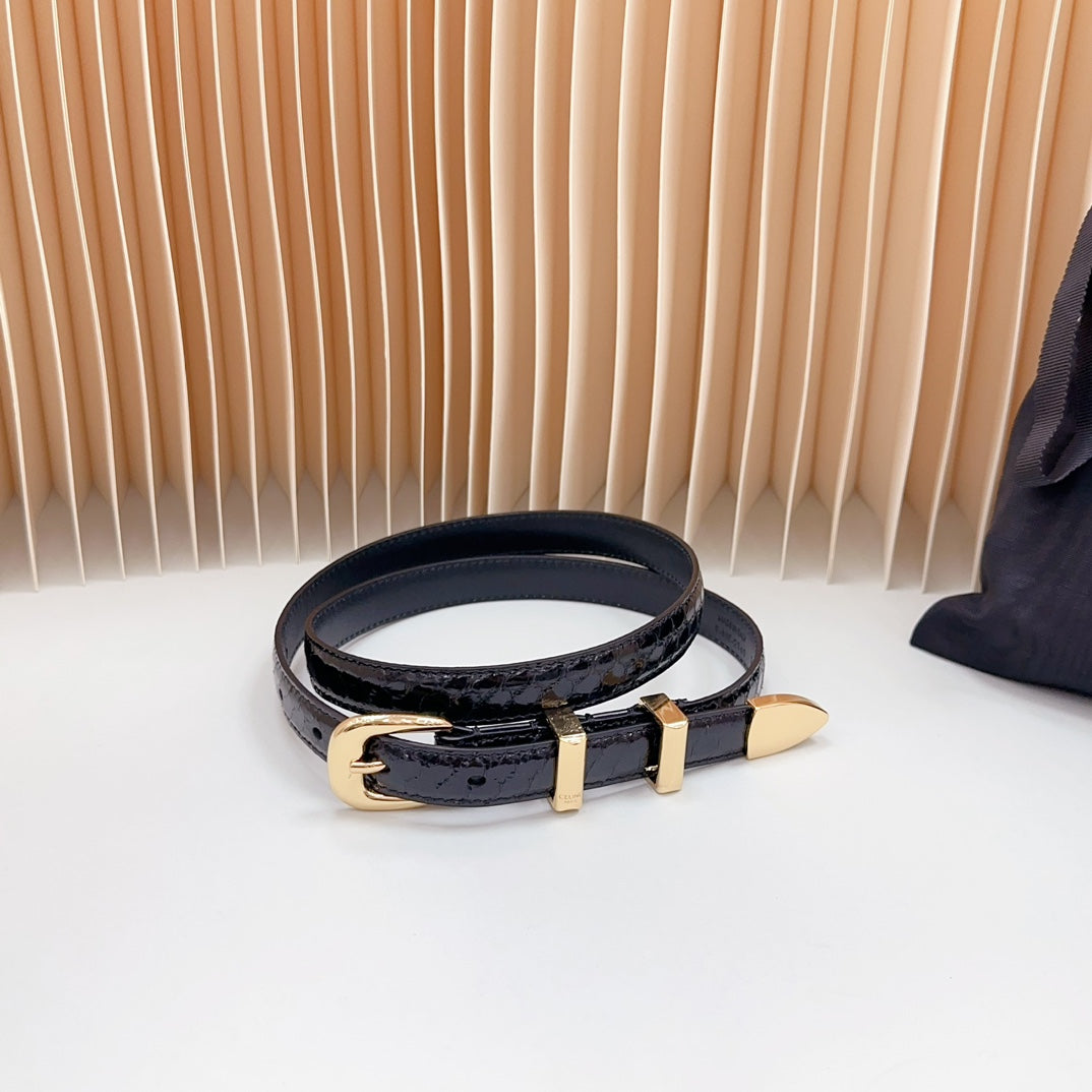 Celine Small Western Belt 18mm Black Patent Embossed Calfskin Ghw