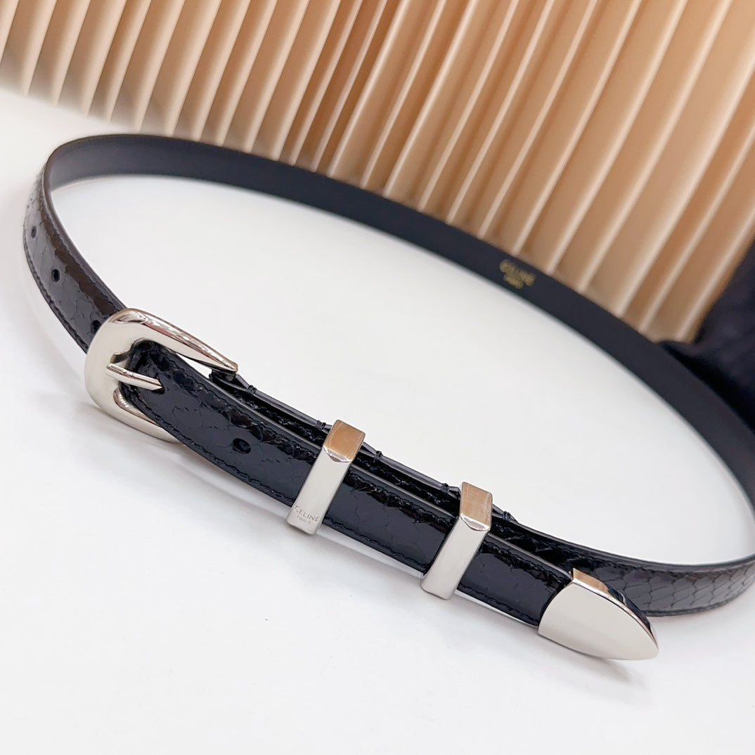 Celine Small Western Belt 18mm Black Patent Embossed Calfskin Shw