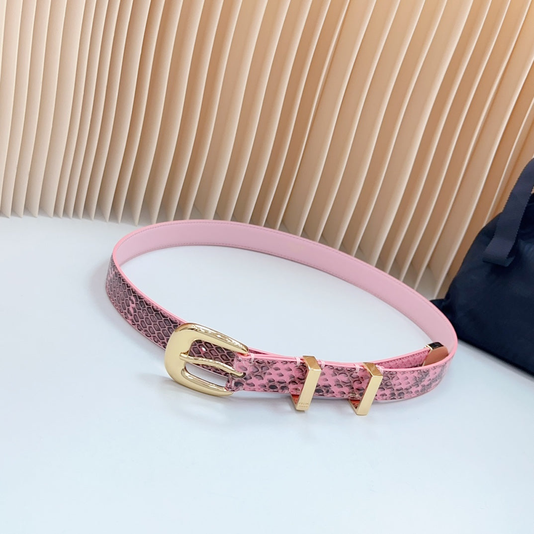 Celine Medium Western Belt 25mm Pink Black Snake Embossed Calfskin Gold Loop Ghw