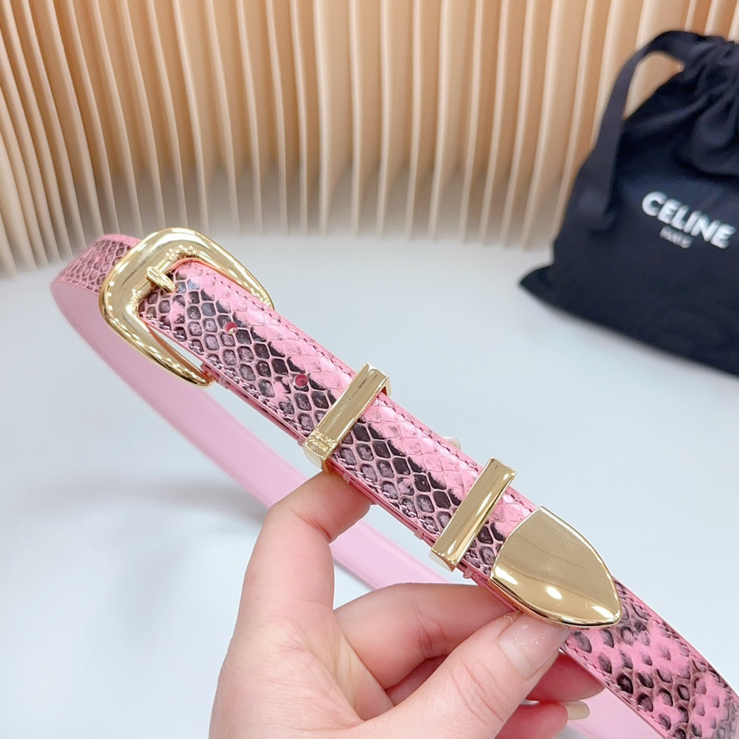 Celine Medium Western Belt 25mm Pink Black Snake Embossed Calfskin Gold Loop Ghw