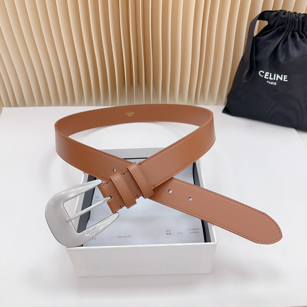 Celine LARGE WESTERN 35 MM BELT BRONZE BROWN CALFSKIN SILVER HARDWARE