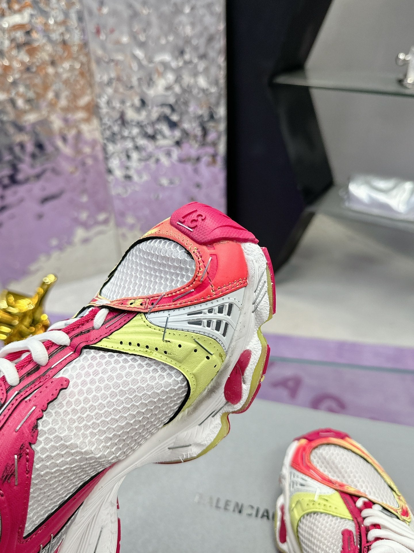 Balanciaga STAPLER SNEAKER IN WHITE, PINK, NEON YELLOW AND SILVER POLYURETHANE AND POLYESTER