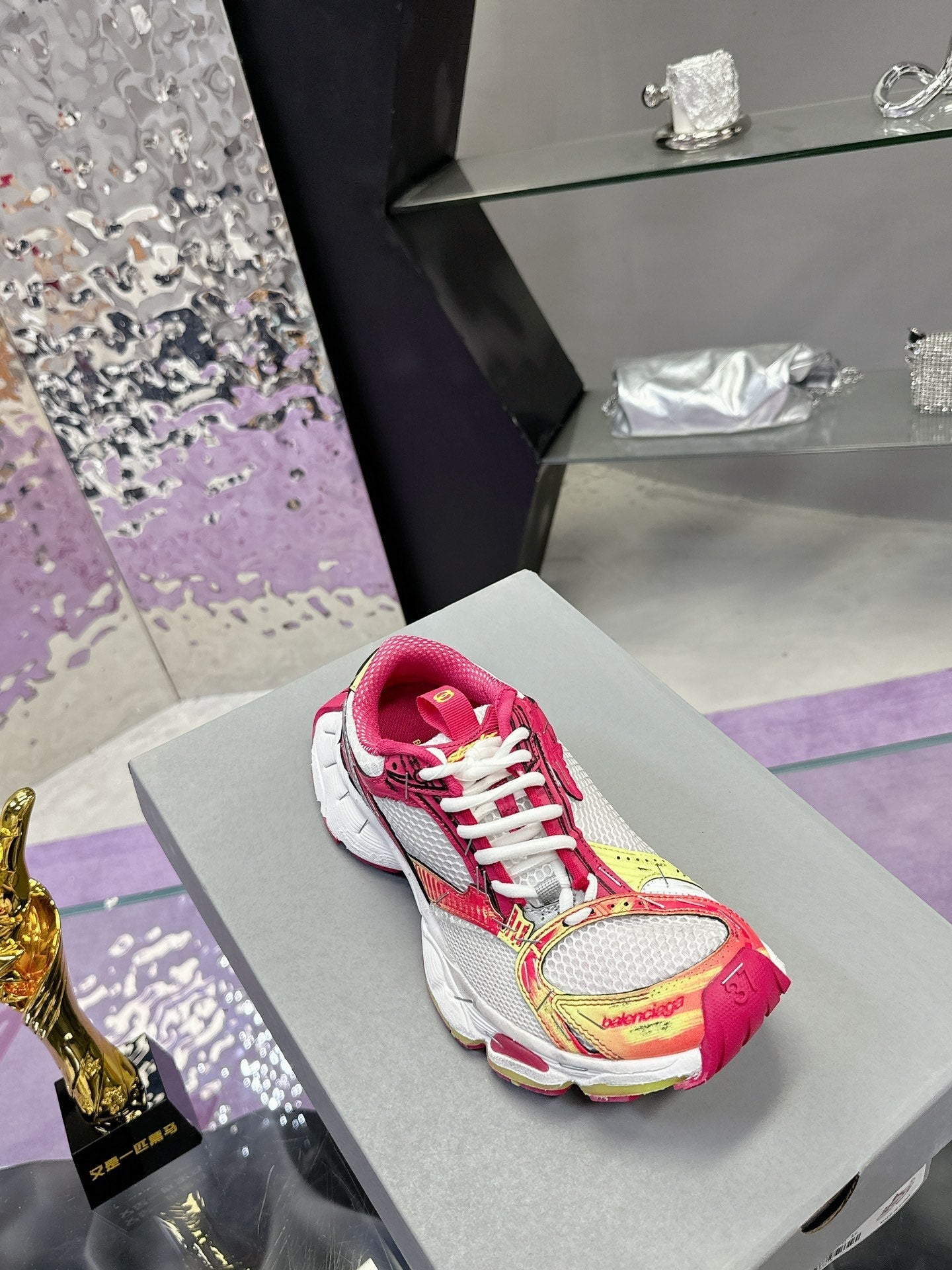 Balanciaga STAPLER SNEAKER IN WHITE, PINK, NEON YELLOW AND SILVER POLYURETHANE AND POLYESTER
