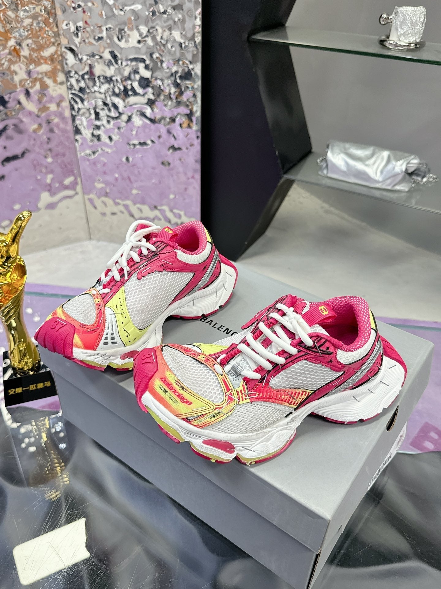 Balanciaga STAPLER SNEAKER IN WHITE, PINK, NEON YELLOW AND SILVER POLYURETHANE AND POLYESTER