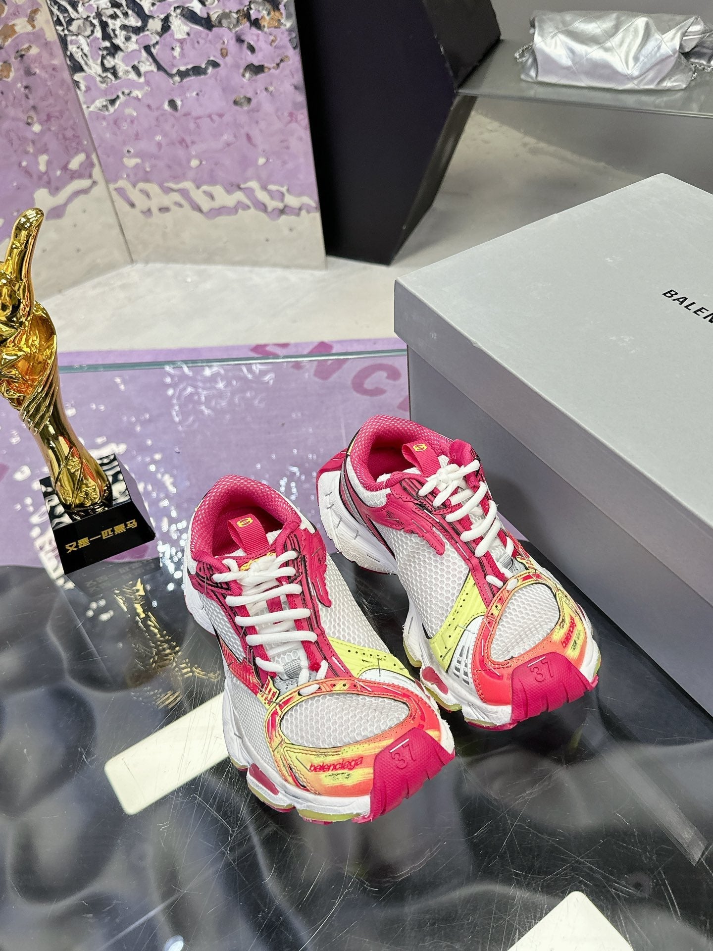 Balanciaga STAPLER SNEAKER IN WHITE, PINK, NEON YELLOW AND SILVER POLYURETHANE AND POLYESTER