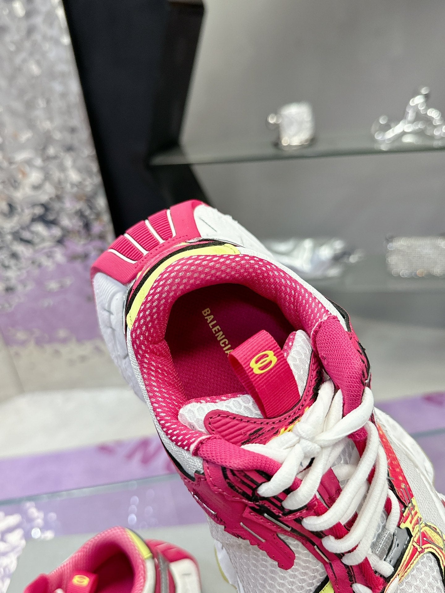 Balanciaga STAPLER SNEAKER IN WHITE, PINK, NEON YELLOW AND SILVER POLYURETHANE AND POLYESTER