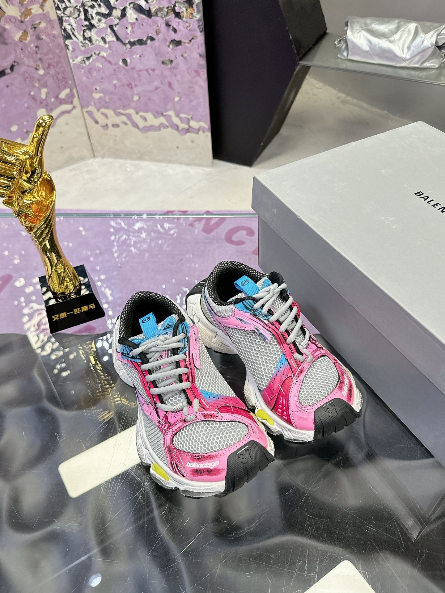 Balanciaga STAPLER SNEAKER IN GRAY PINK BLUE POLYURETHANE AND MESH