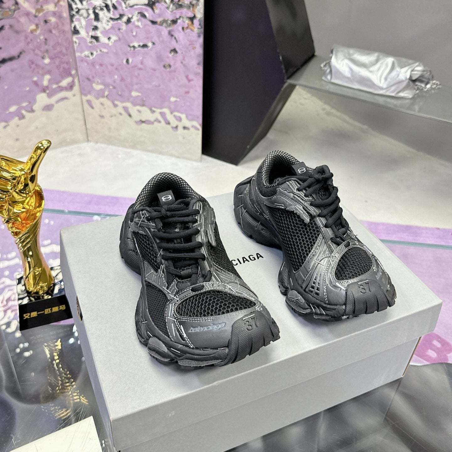 Balanciaga STAPLER SNEAKER IN BLACK MIX GRAY POLYURETHANE AND MESH