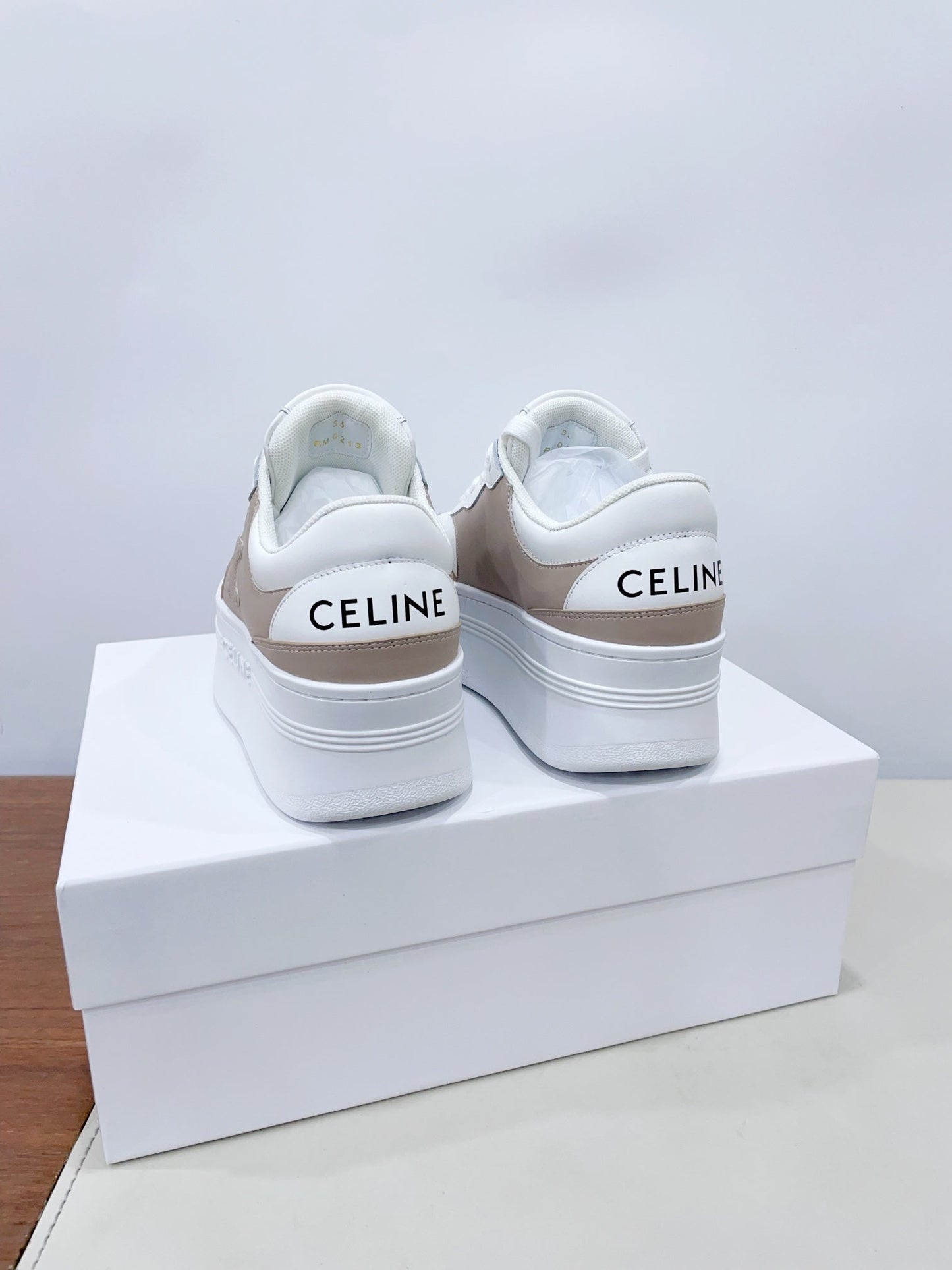 Celine CELINE 25C Block Sneaker White mix Khaki Brown Calfskin 231996