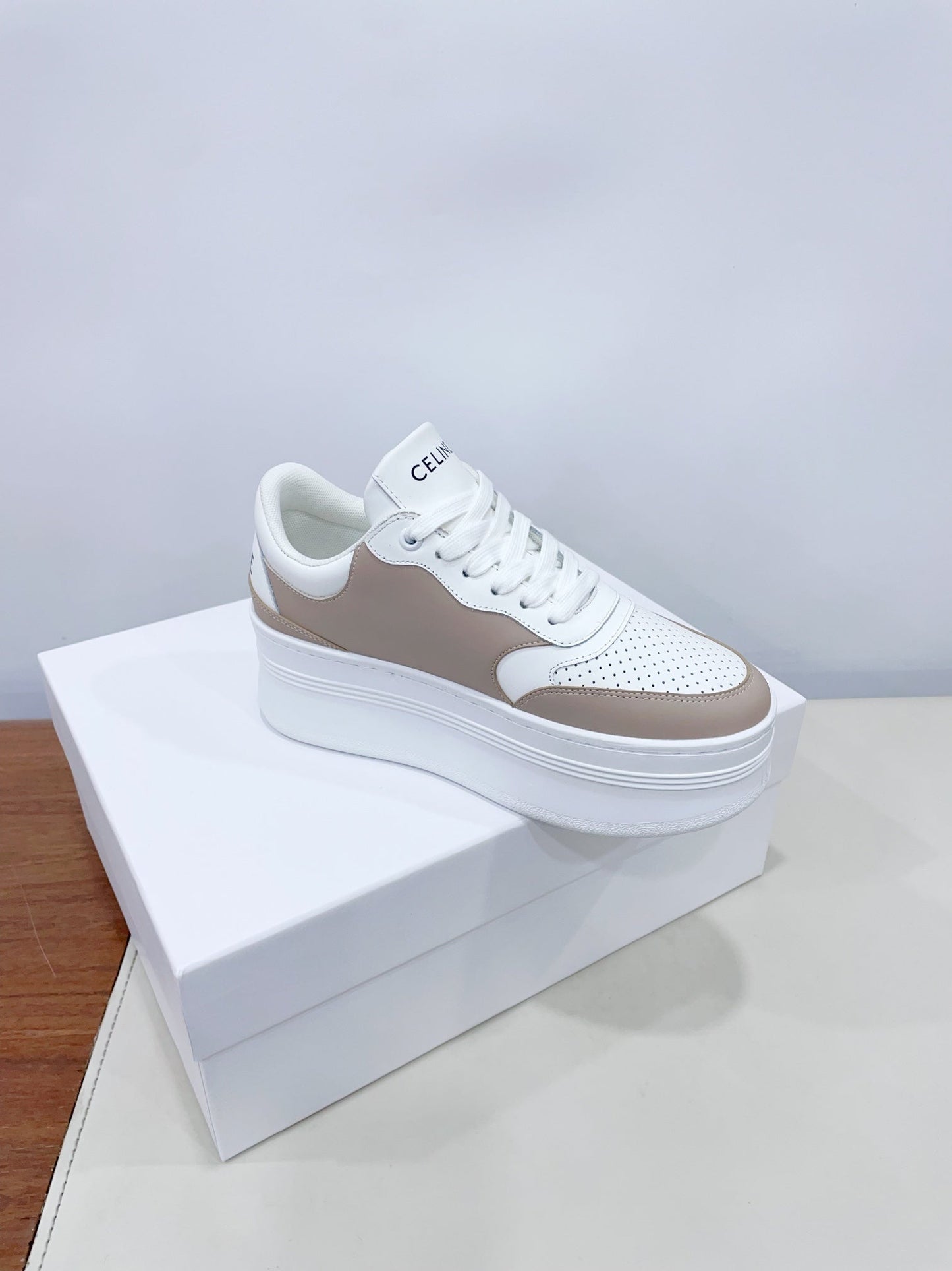 Celine CELINE 25C Block Sneaker White mix Khaki Brown Calfskin 231996