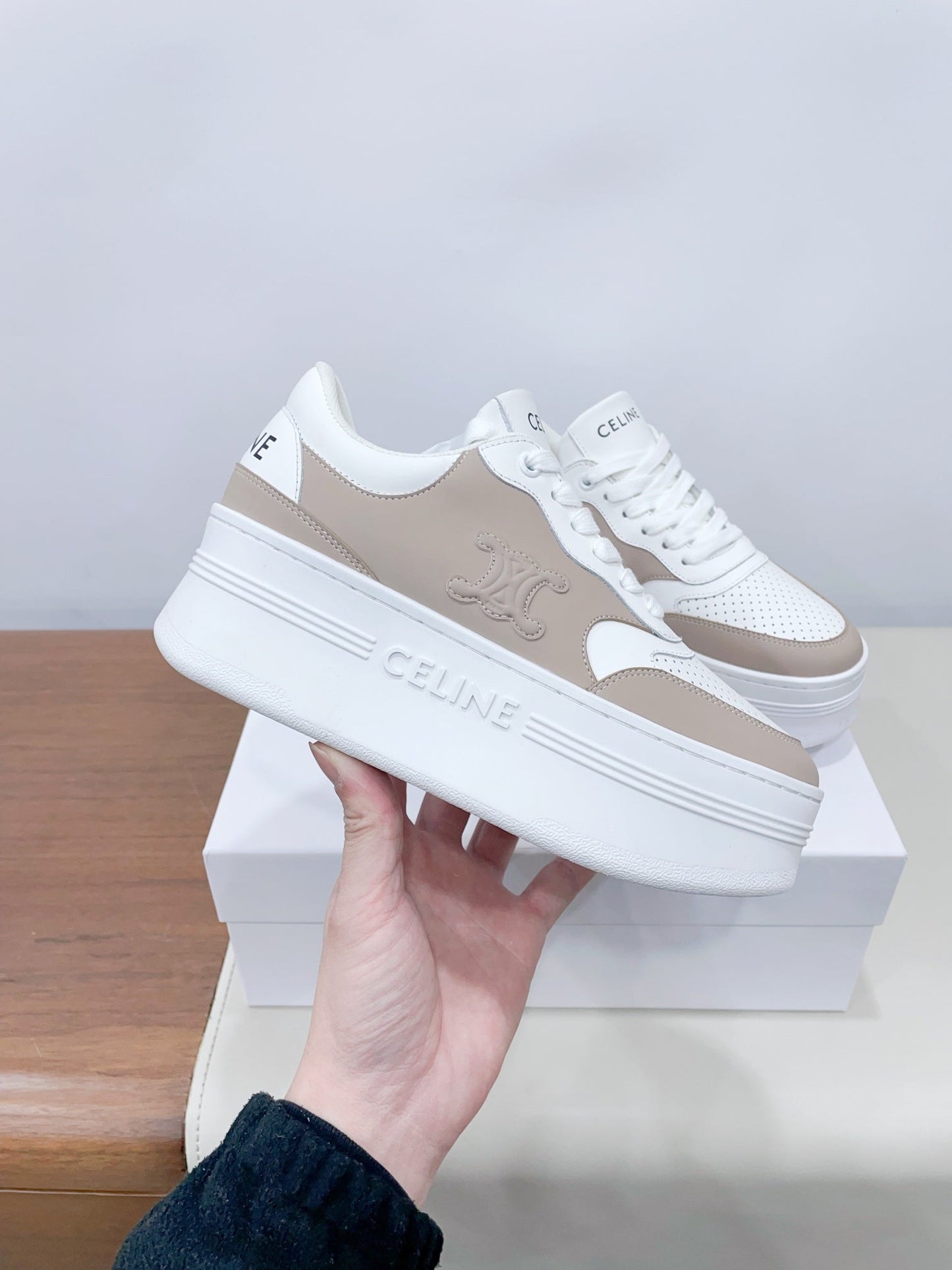 Celine CELINE 25C Block Sneaker White mix Khaki Brown Calfskin 231996