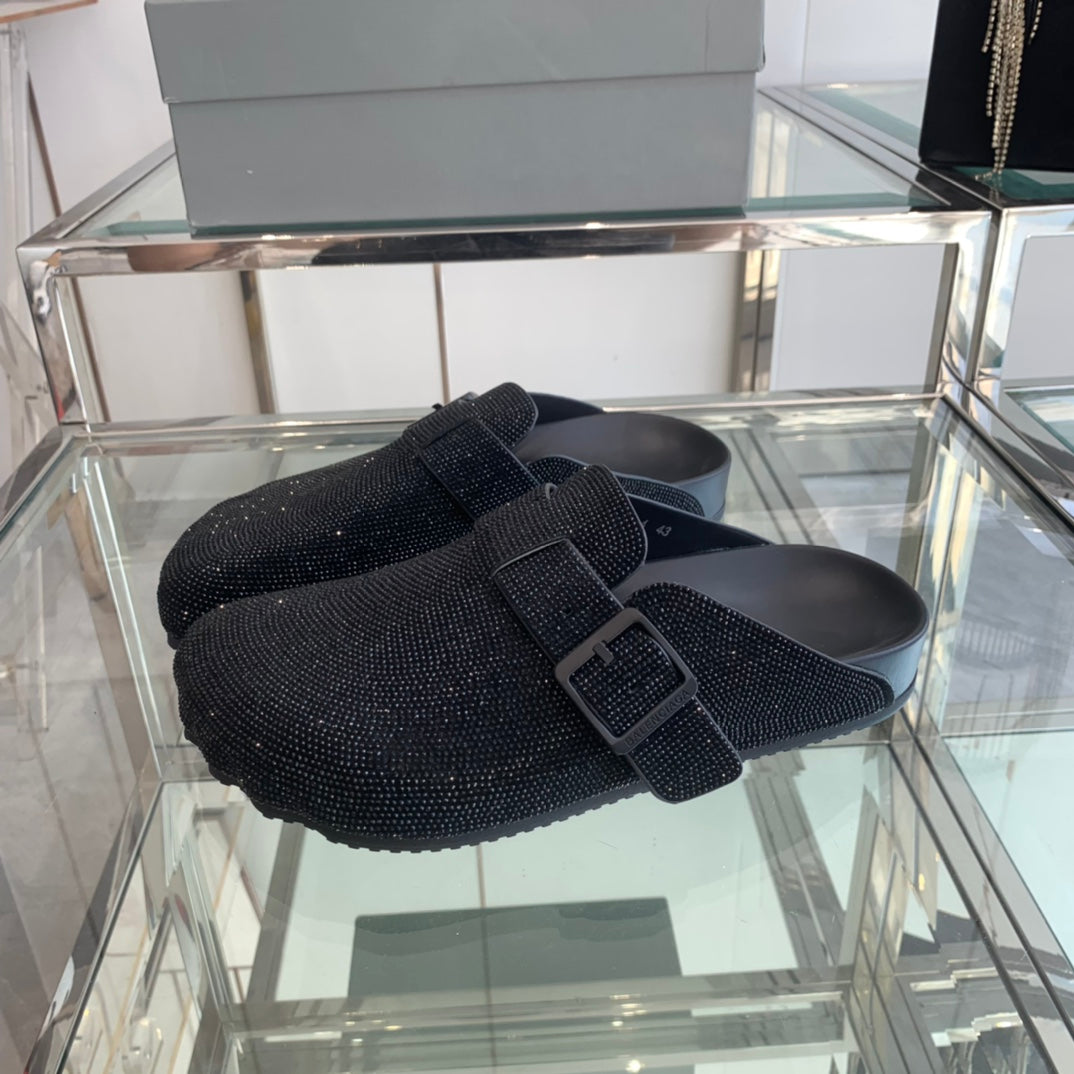 Balanciaga BIRKENSTOCK CLOG ATTACHED RHINESTONES IN BLACK CALFSKIN