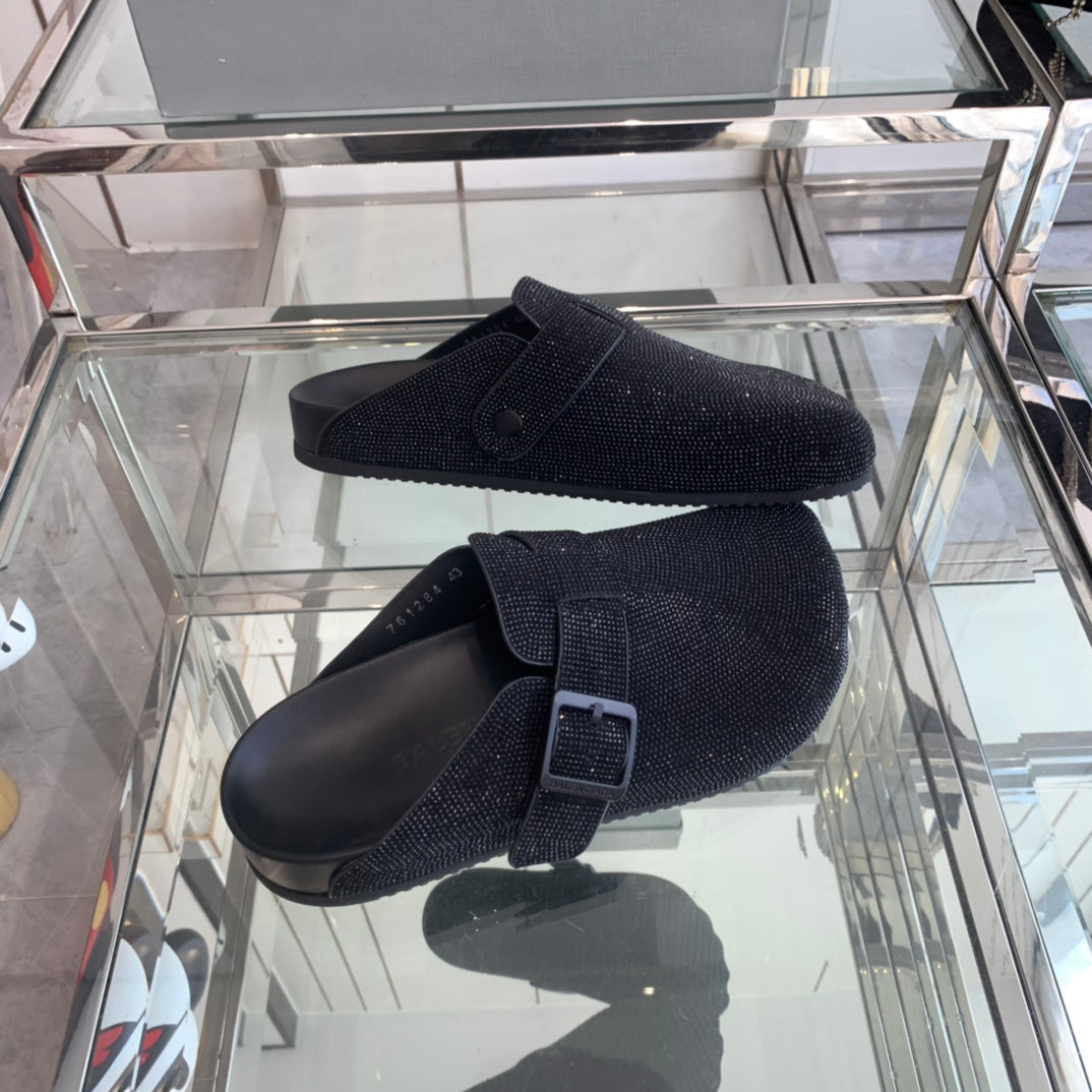Balanciaga BIRKENSTOCK CLOG ATTACHED RHINESTONES IN BLACK CALFSKIN