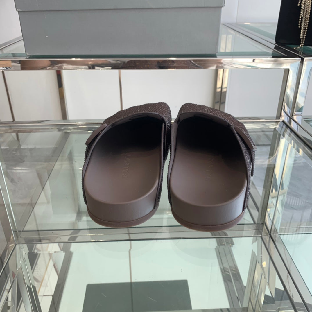 Balanciaga BIRKENSTOCK CLOG ATTACHED RHINESTONES IN BROWN CALFSKIN