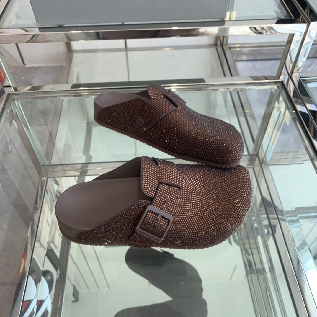 Balanciaga BIRKENSTOCK CLOG ATTACHED RHINESTONES IN BROWN CALFSKIN