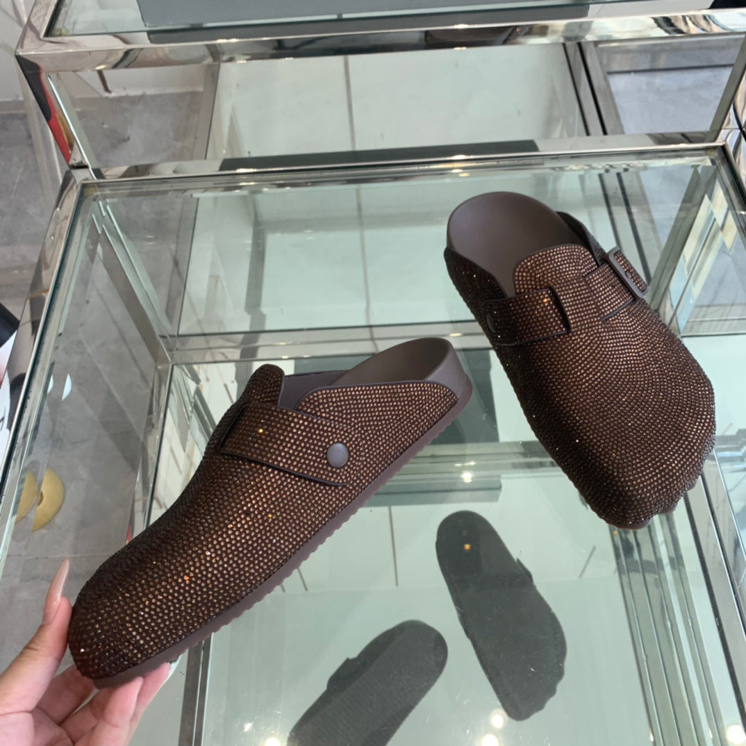 Balanciaga BIRKENSTOCK CLOG ATTACHED RHINESTONES IN BROWN CALFSKIN