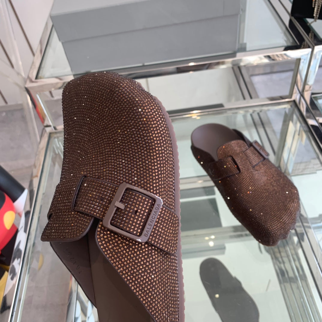 Balanciaga BIRKENSTOCK CLOG ATTACHED RHINESTONES IN BROWN CALFSKIN