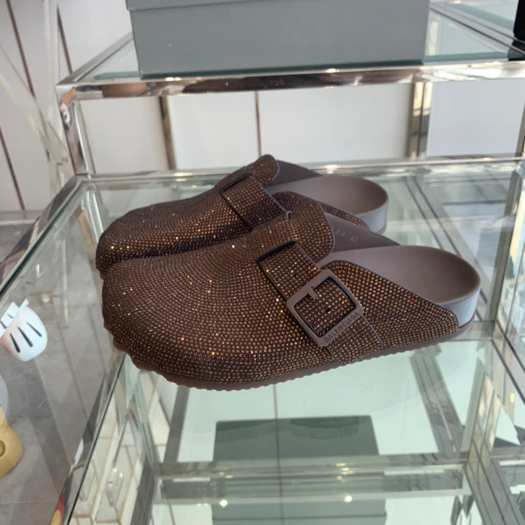 Balanciaga BIRKENSTOCK CLOG ATTACHED RHINESTONES IN BROWN CALFSKIN